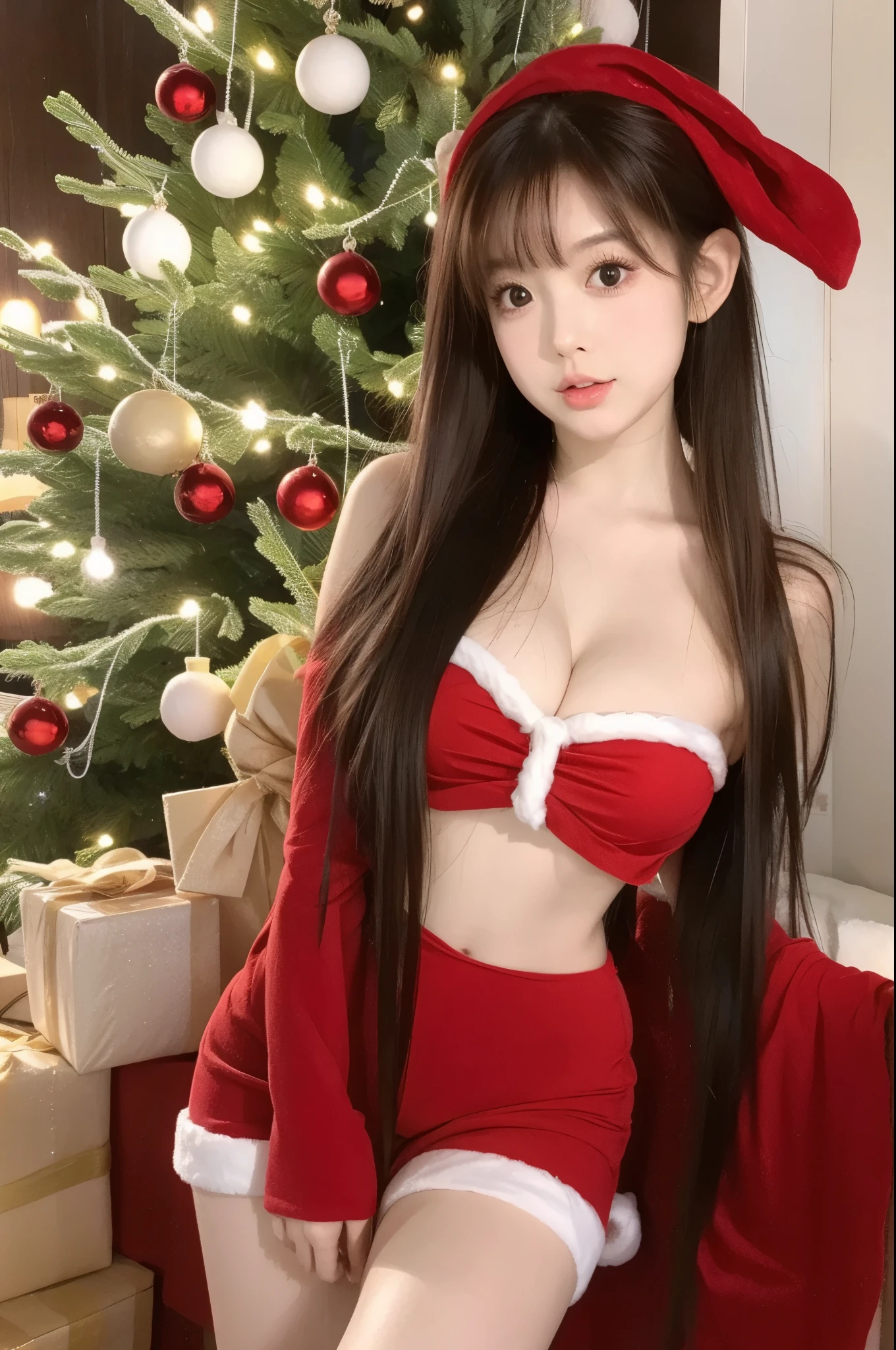  beautiful woman with perfect body：1.4，Layered Hairstyle， on facial and skin texture with high accuracy，Skin Whitening， long hair， Christmas costume 