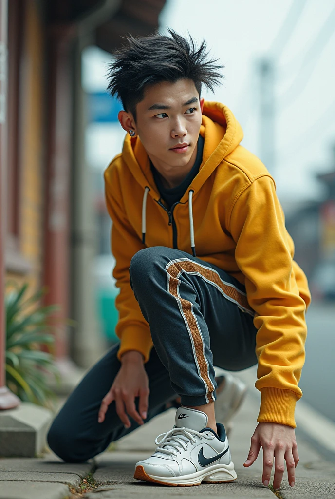 Athletic man, Caucasian, teenager, he has random hairstyle, random facial features, random facial expression, smooth white skin, dressed in random clothes, random shoes and random body accessories, he is in a place in South Korea, leaning, body, photorealistic style, 8k resolution.