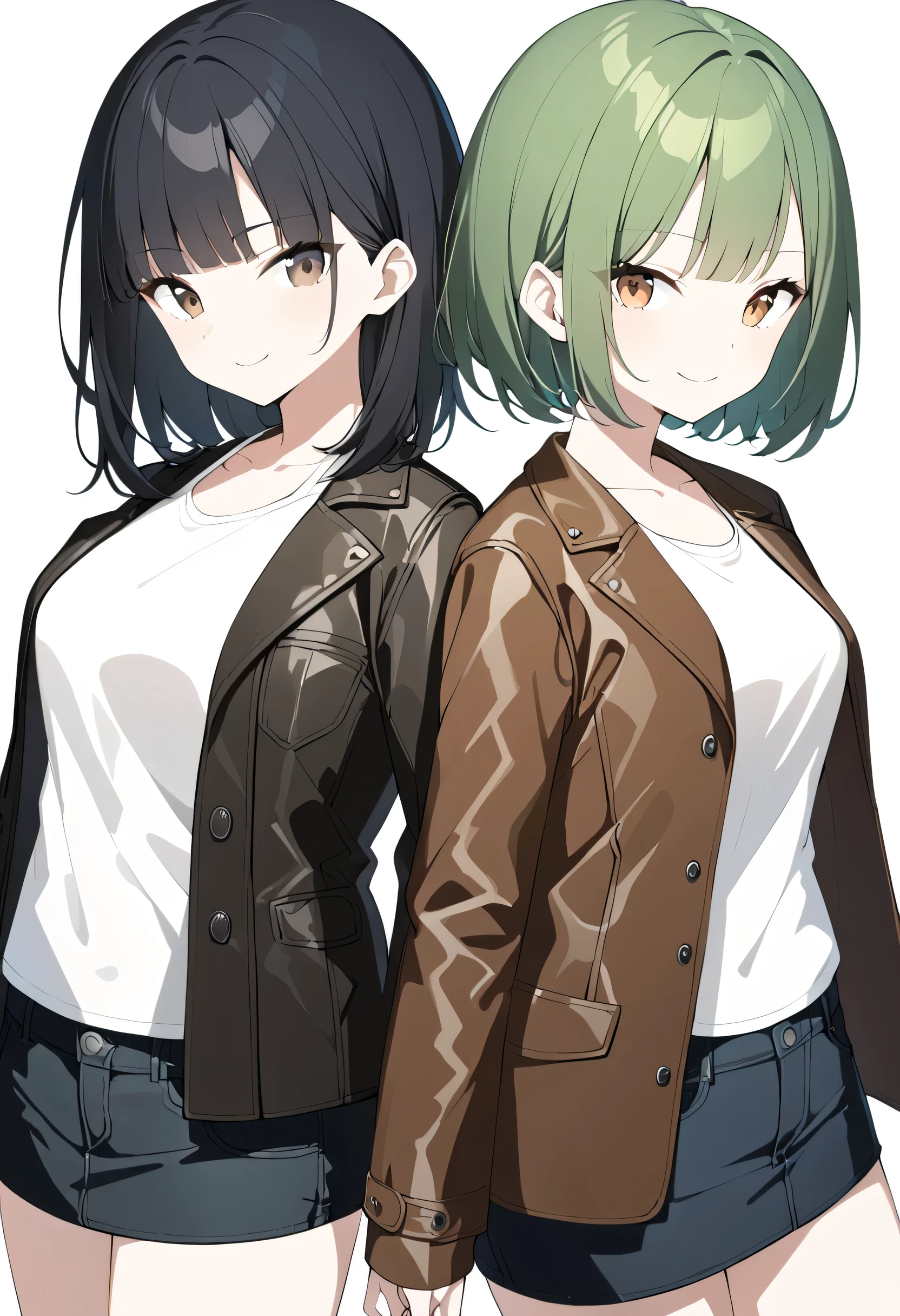 (( 2 women )),Couple shot,Female 1( black hair long hair ,Brown Eyes, with bangs, white tank top, cardigan , miniskirt,Taiwanese),,,,,Female 2( green hair short hair ,Brown Eyes,leather coat ,Black denim, Japanese), empty background,White background, looking at camera,smile