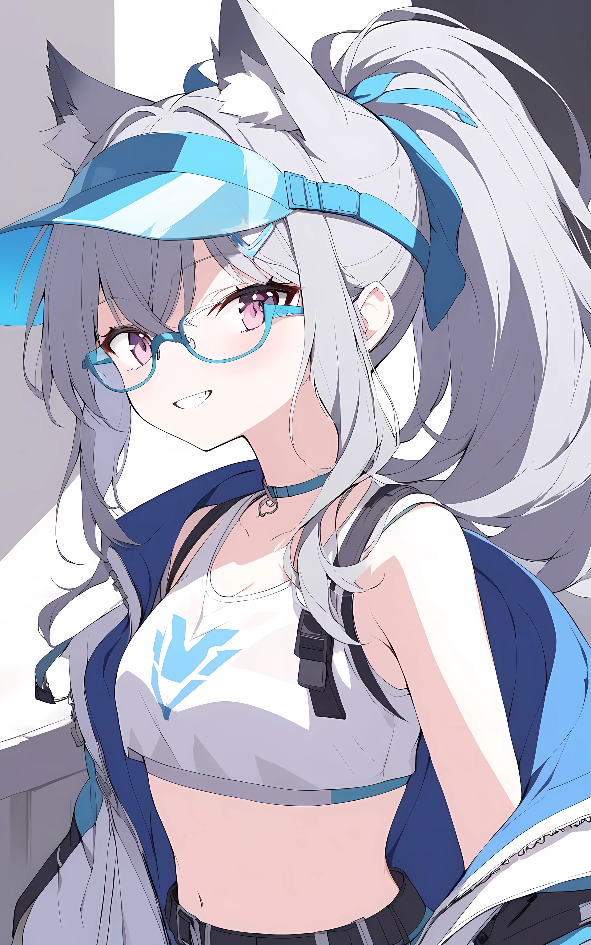 1girl, wolf ears, gray hair, glasses, visor, crop top, jacket, ponytail