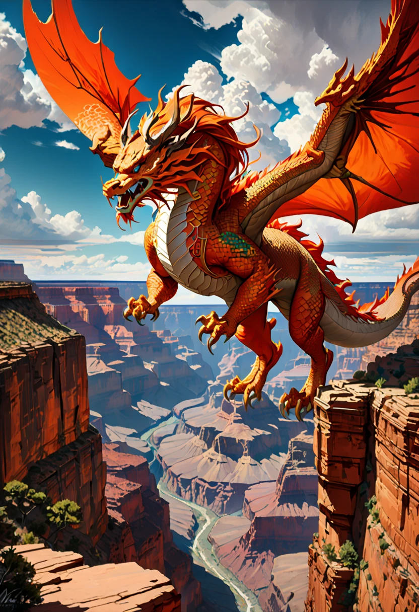 (The main subject: wide wide shot), The flame  orange, [Multicolored,(Chinese dragon anthropomorphism)], safe,dramatic clouds,(Go deep into the grand canyon), Rich details​, (Wide sky), (sense of vastness),Energy and vitality, Complicated details.(Best quality, A high resolution, tmasterpiece:1.2), (actual:1.37), HighDynamicRange。