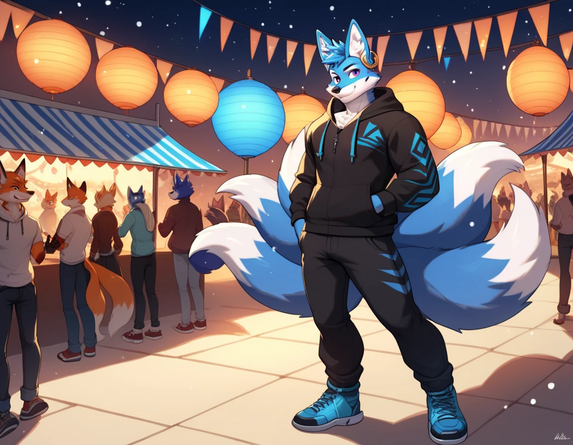  muscular male, male focus, anime style, furry, kitsune, 2 tone skin, blue fur, fox ears, sliver ear rings, purple eyes, big eyes, menacing smile, 9 tails, big fluffy tails, wearing a hoodie and a long pants with blue neon patterns, wearing blue neon pattern shoes, standing in a night festival with the crowd, winter, score_9, score_8_up, score_7_up, score_6_up, score_5_up