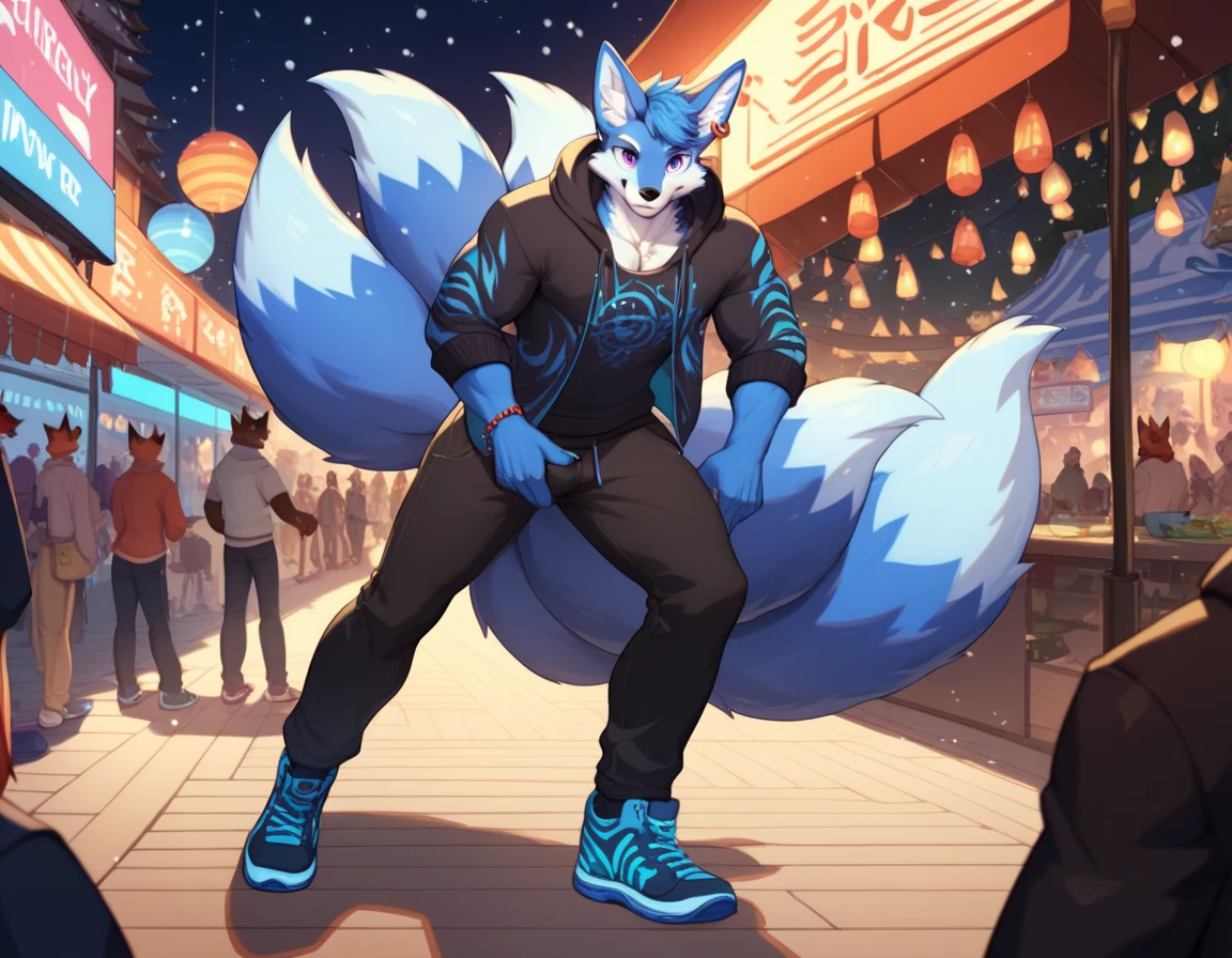  muscular male, male focus, anime style, furry, kitsune, 2 tone skin, blue fur, fox ears, sliver ear rings, purple eyes, big eyes, menacing smile, 9 tails, big fluffy tails, wearing a hoodie and a long pants with blue neon patterns, wearing blue neon pattern shoes, standing in a night festival with the crowd, winter, score_9, score_8_up, score_7_up, score_6_up, score_5_up