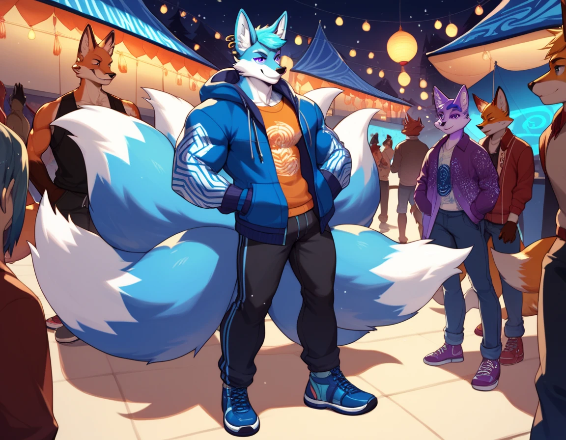  muscular male, male focus, anime style, furry, kitsune, 2 tone skin, blue fur, fox ears, sliver ear rings, purple eyes, big eyes, menacing smile, 9 tails, big fluffy tails, wearing a hoodie and a long pants with blue neon patterns, wearing blue neon pattern shoes, standing in a night festival with the crowd, winter, score_9, score_8_up, score_7_up, score_6_up, score_5_up