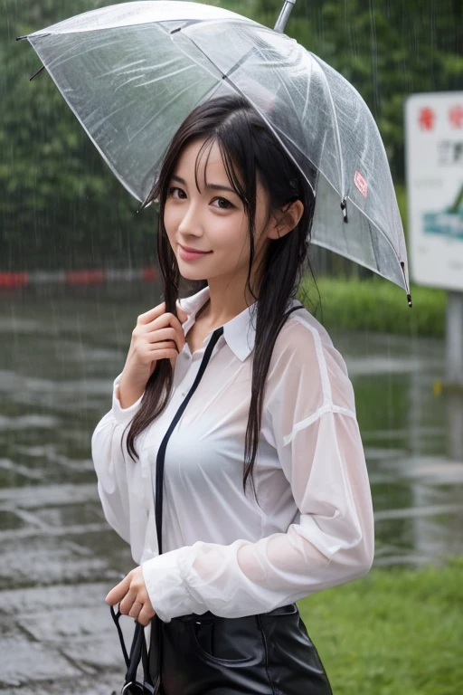 (Best-quality, Masterpiece, Ultra-High-Resolution, (Photorealistic:1.4), Raw Photo, depth of field, professional lighting, perfect anatomy, extremely details), 1girl, 15-years-old, the most famous Japanese idol, innocent smile, upper body, (((standing on street in heavy-rain, wearing extremely wet white-shirt from heavy-rain, extremely wet hair from heavy-rain, extremely wet face from heavy-rain))), ((extremely cute face like the most popular Japanese idol, ((extremely cute and extremely big eyes)), extremely beautiful realistic-skins, extremely cute long-eyelashes, extremely cute lips))