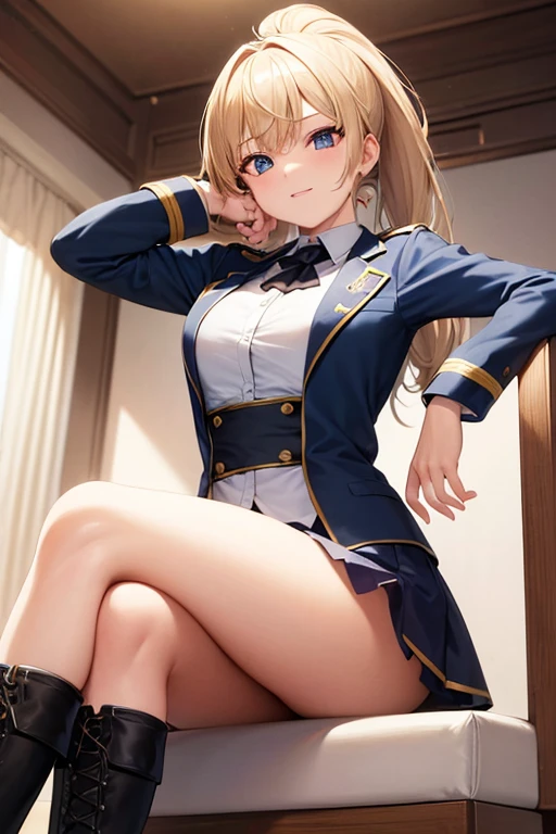 1girl,(masterpiece1.5),hyper quality, Hyper Detailed,Perfect drawing,NFSW、1girl in、Military Look,((very Bigger breasts))、kawaii ,With smiling eyes、(((Beautiful military uniform))),(((Striped panties))),(((noble clothes))), (((No skirt)),Military Personnel、officer、uniform、jaket、boots、Military boots、hatting、.3D,16K illustrations、((clearface))、Hi-Res、nice background、(((beatiful backgrounds)))、(((Detailed drawing)))、Perfect Beautiful Girl、(((Perfect Photo)))