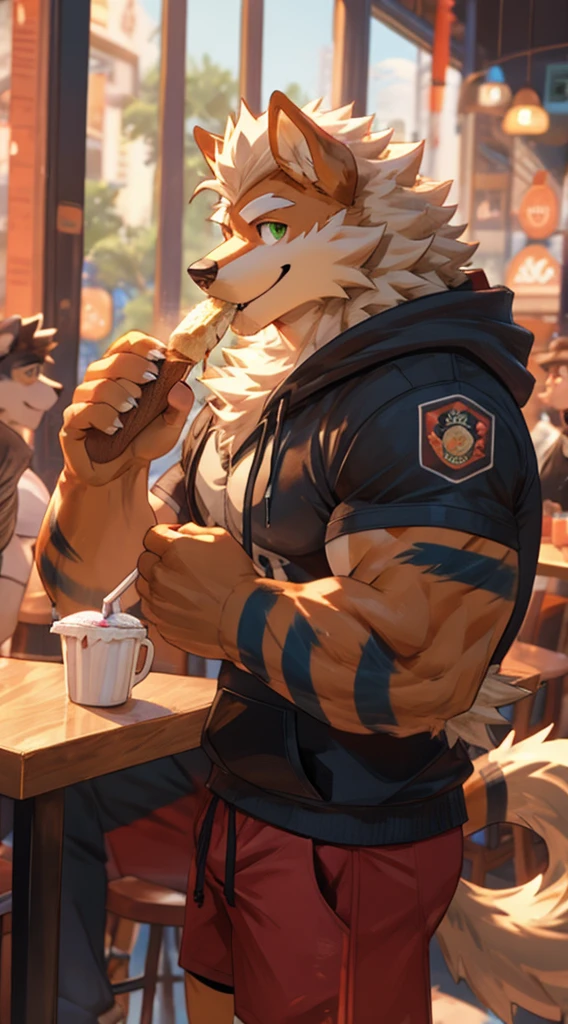 A hulking arcanine with green eyes is smiling and wagging his tail while wearing red shorts and a white sleeveless hoodie while eating ice cream at a cafe cheerfully smiling