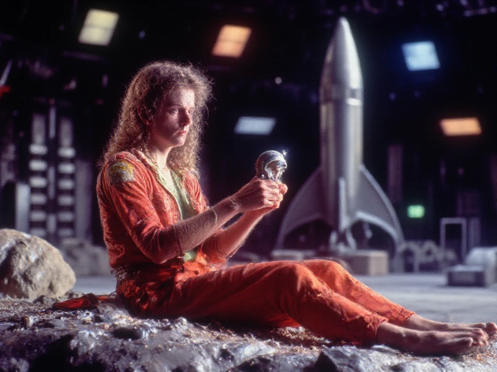 A glamorous giant alien woman in a red dress sits on a rocky alien landscape, her long blonde hair flowing. She is sitting, spreading her legs and gazes thoughtfully at a small, futuristic astronaut in her hand, reminiscent of a space gadget. In the background, a sleek rocket stands upright, with vibrant planets and colorful celestial orbs floating in the dark space around her. The scene has a retro sci-fi comic book style, featuring bold lines and bright colors.