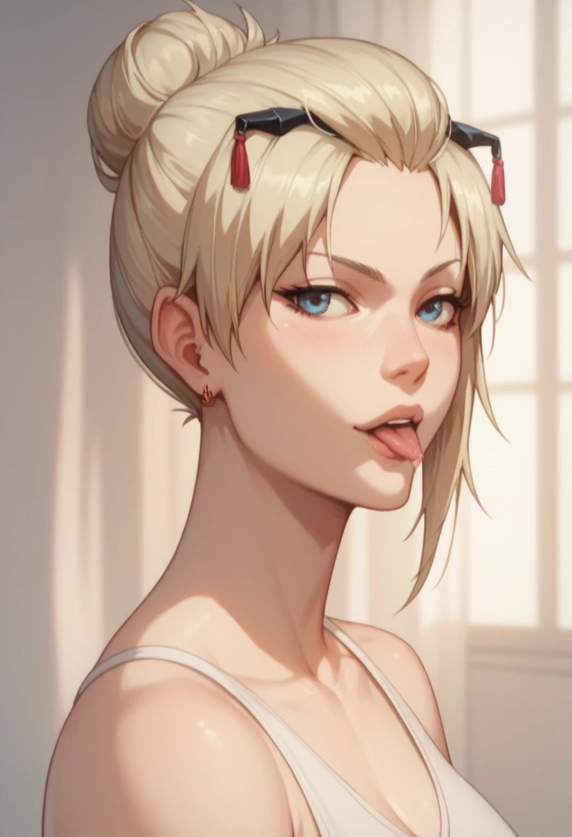 1girl, light blonde hair, one big ponytail, Thick side bangs, red choker, red bunny ears headband, ake up, black eyeliner, skinny body, sexy clothes, closed eyes, 