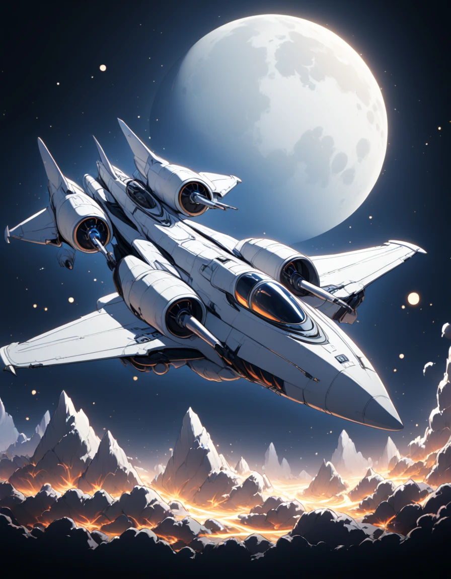 Detailed 8k cute white space warjet theme with moon background