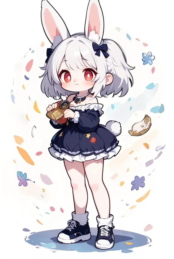 1girl, (furry, kemono:1.3), rabbit girl, animal nose, rabbit ears, rabbit tail, short hair, open mouth, bare shoulders, grey hair, :d, white hair, grey eyes, dress, pantyhose, black dress, necklace, hair ornament, shoes, frills, frilled dress, off-shoulder dress, looking at viewer, standing, instrument, holding instrument, flower, petals, bow, solo, euphonium, (holding euphonium), full body, white background, simple background, smile, blue footwear, jewelry, masterpiece, best quality, very aesthetic, absurdres