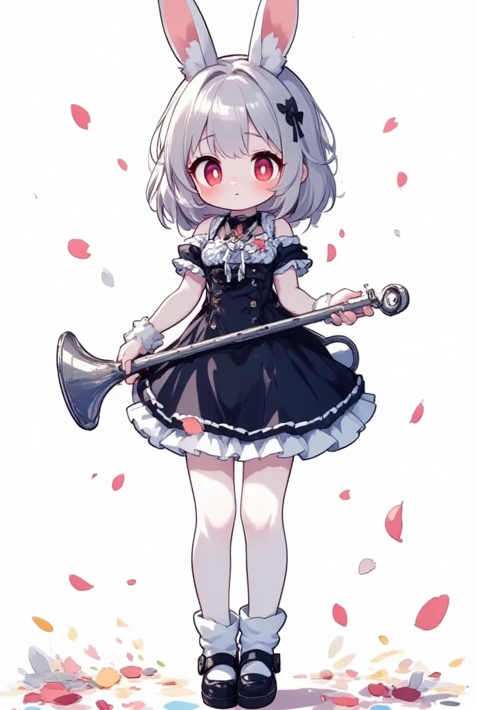 1girl, (furry, kemono:1.3), rabbit girl, animal nose, rabbit ears, rabbit tail, short hair, open mouth, bare shoulders, grey hair, :d, white hair, grey eyes, dress, pantyhose, black dress, necklace, hair ornament, shoes, frills, frilled dress, off-shoulder dress, looking at viewer, standing, instrument, holding instrument, flower, petals, bow, solo, euphonium, (holding euphonium), full body, white background, simple background, smile, blue footwear, jewelry, masterpiece, best quality, very aesthetic, absurdres