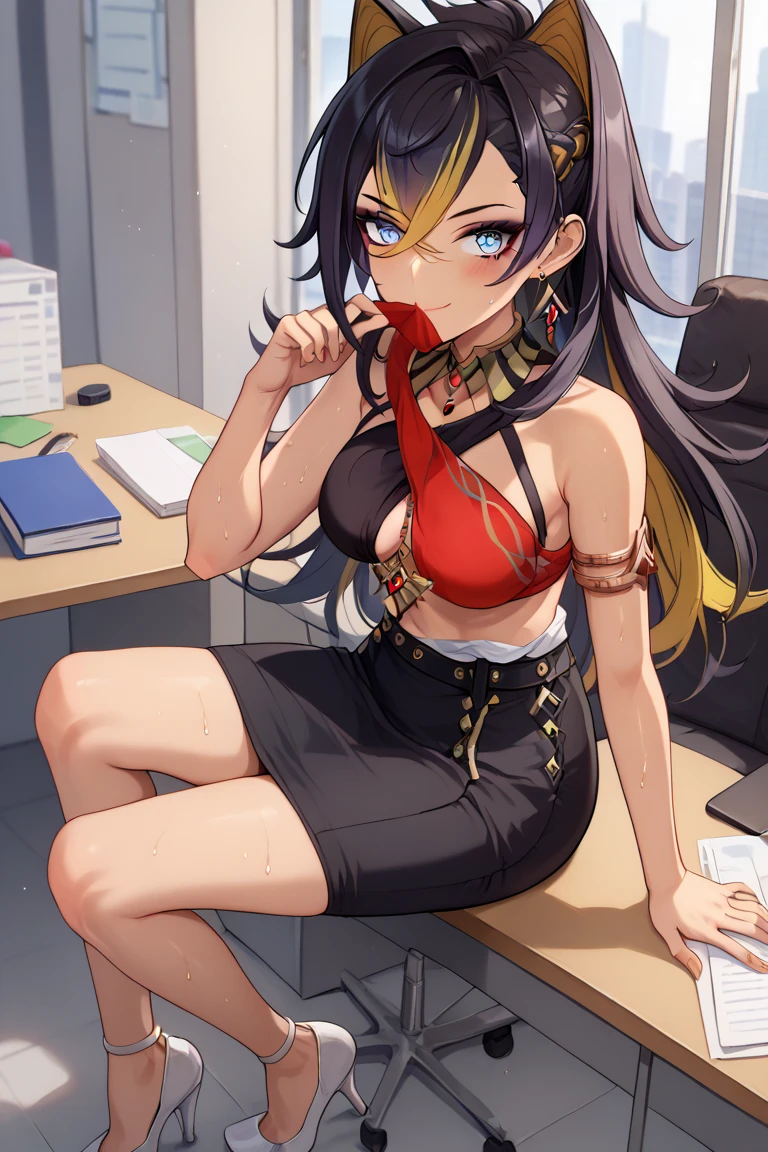 score_9, score_8_up, score_7_up, dehya-dh, 1girl, animal ears, black hair, blonde h air, blue eyes, criss-cross halter, crossed bangs, dark-skinned femal e, hair between eyes, jewelry, long hair, multicolored hair, streaked hair, white collared shirt, sleeveless, black skirt, white high heels, nametag in the neck, office lady, office background, sweat all over body and clothes, smile, close mouth, blush