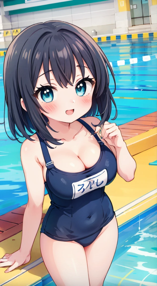 School swimmingwear,blush, full-face blush,masterpiece, Highest quality, (anime screencap:1.3),(shape), cute,(Simple:1), (anime:1.2),Solo Sharp Focus, 1 girl, Cleavage,Looking at the audience, at noon, School poolside,Are standing,,(Browsing Caution:1.2),Beautiful Hair,Horizontal stripes,heart shaped pupils,Close one eye,Happy smile,Large Breasts,cute eyes,Puffy eyes,no fingers,enjoy,