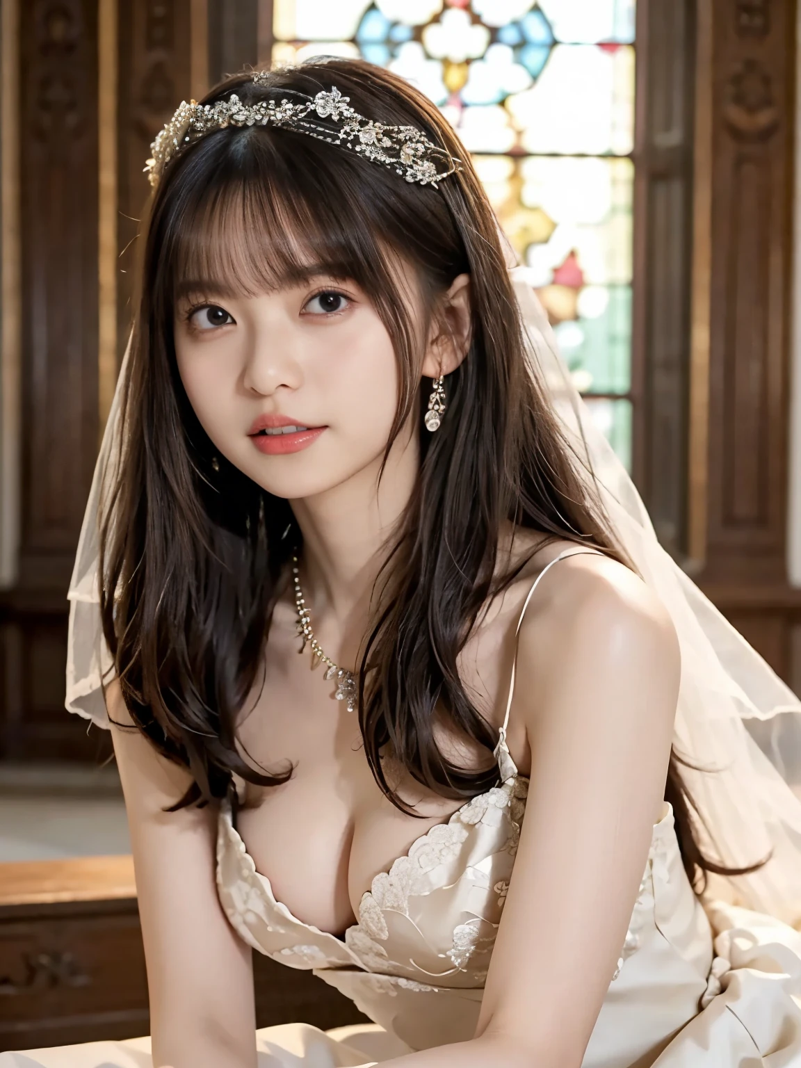 A beautiful woman in a dress is sitting on a throne in a luxurious castle and looking at the camera.