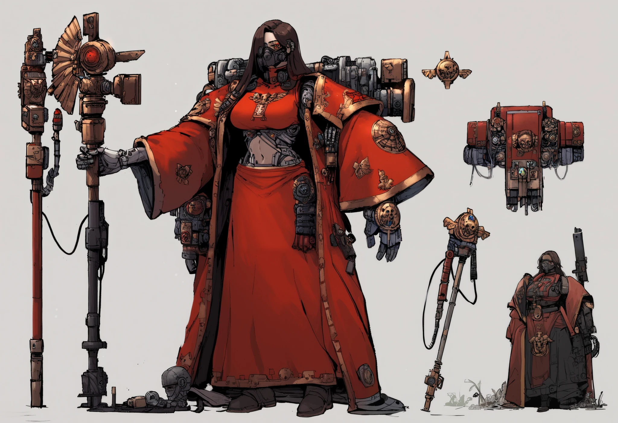 Anime, Concept art, Absurd resolution, high resolution, (masterpiece: 1.4), hyper-detail, octosoup, warhammer 40k, 1woman, admech, staff, red robe, cybernetics, long hair, brunette, cyborg, mechanical hands, boob window, midriff, gas mask, tubes, wires, raggy clothes, cybernetic eye, adeptus mechanicus, red robe, tech priest, mechanical joints, referance sheet,