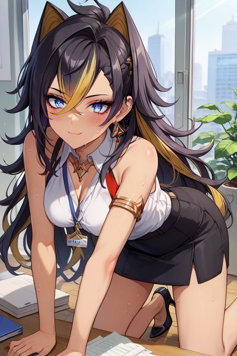 score_9, score_8_up, score_7_up, dehya-dh, 1girl, animal ears, black hair, blonde h air, blue eyes, crossed bangs, dark-skinned femal e, hair between eyes, jewelry, long hair, multicolored hair, streaked hair, white collared shirt, sleeveless, black skirt, white high heels, nametag in the neck, office lady, office background, sweat all over body and clothes, smile, close mouth, blush