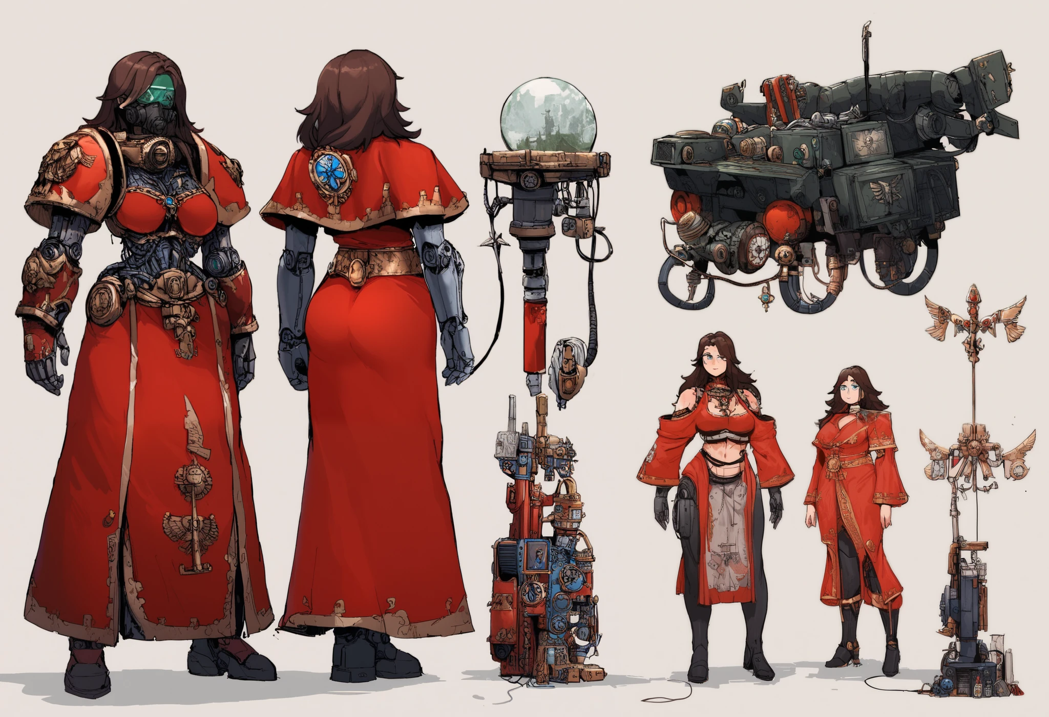 Anime, Concept art, Absurd resolution, high resolution, (masterpiece: 1.4), hyper-detail, octosoup, warhammer 40k, 1woman, admech, staff, red robe, cybernetics, long hair, brunette, cyborg, mechanical hands, boob window, midriff, gas mask, tubes, wires, raggy clothes, cybernetic eye, adeptus mechanicus, red robe, tech priest, mechanical joints, referance sheet, symmetrical, 