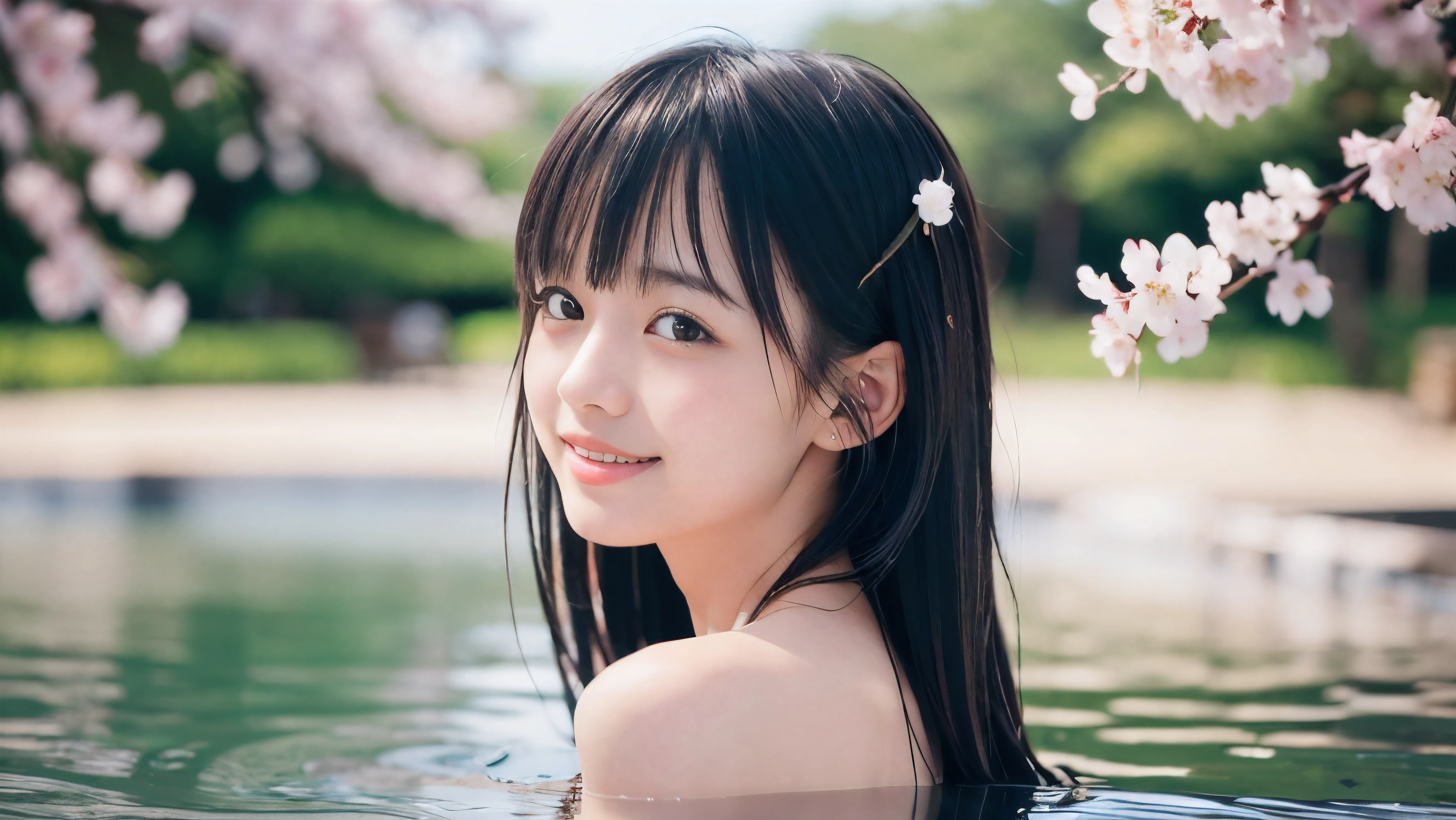 (Profile shot of a naked slender small breasts dark silver long hair with swept bangs girl:1.5)、(Naked girl is soaking in a milky color Japanese onsen outdoors with shy face:1.5)、(Outdoor Japanese onsen with milky white color and it has full bloom weeping cherry blossoms:1.5)、(blurred background:1.5)、(Natural light:1.5)、(8k ultra detailed master piece:1.5)、(perfect anatomy:1.5)、(Photorealistic stick:1.5)、(Raw photo:1.3)、(highest quality:1.5)、(High resolution:1.3)、(Delicate and beautiful perfect face:1.3)、(Delicate and beautiful eye air skin:1.3)、(Real Human Skin:1.3)、((thin legs))