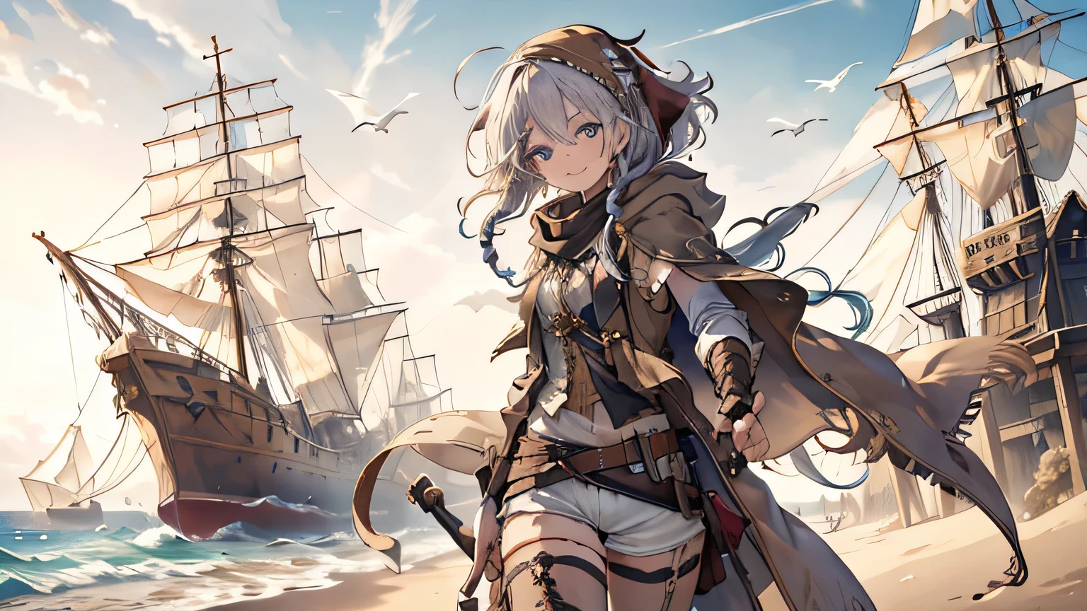 masterpiece,  1 girl,  sparrow ,  Silver Haired Girl, Wearing white medieval pirate clothing,  curly medium hair ,  messy hair,  slender body ,  I'm wearing a brown capelet and a hood,  I'm wearing a golden capelet and hood with my left eye closed , Shirt ornament ,  Aqua Eyes,  shows her back ,  ,  Black Vest , baby face,    hair with braids, Pirate Bandana,  Long Sleeve ,  beautiful eyes,  white stockings, Droopy eyes,  shorts,  she's 19 years old ,  seductive smile ,  Beach 