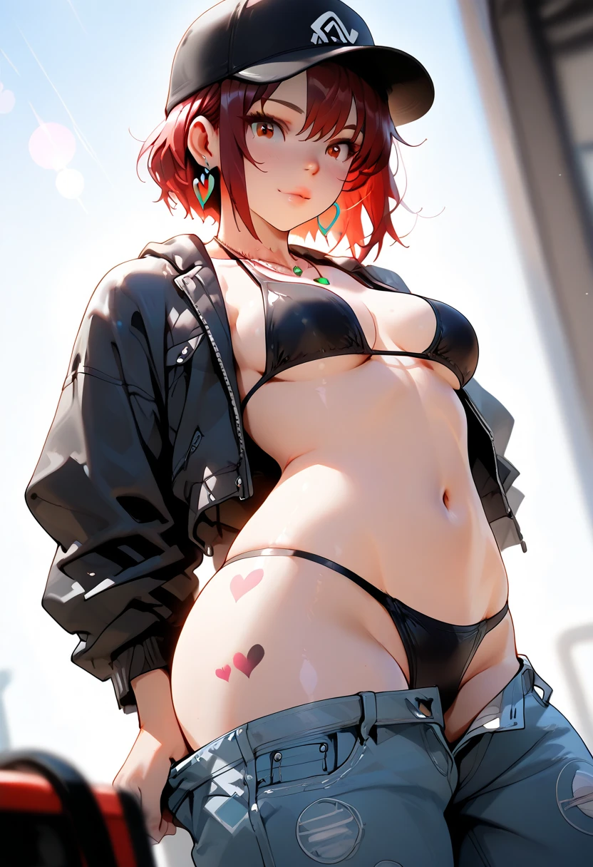 a drawing of anime girl with medium breasts in tight clothing poses for photos, 1girl, breasts, denim, swimsuit, pants, navel, solo, bikini, hat,  jeans, jacket, baseball cap, jewelry, black bikini, looking at viewer, black jacket, red hair, earrings, low camera,open clothes, open jacket, necklace, low camera angle , looking at the camera angle,short hair, heart tattoo on thighs, open jeans, pant pull, pulling pant up , thighs,collarbone, large breasts,(ai-generated),(cinematic lighting),(lens flare),(vibrant colors), hands inside pocket ,(perfect eyes),(high saturation),(high contrast),(sharpness),(soft outline),(realistic textures),(bold colors),(dynamic lighting),(dynamic angle),(depth of field),(CGI,HDR), holding pants pulling up, pant below hips, hips, thighs, tattoos, heart tattoo on thighs, holding top of pants , side view , ass, pants below thighs , small jacket,sexy 