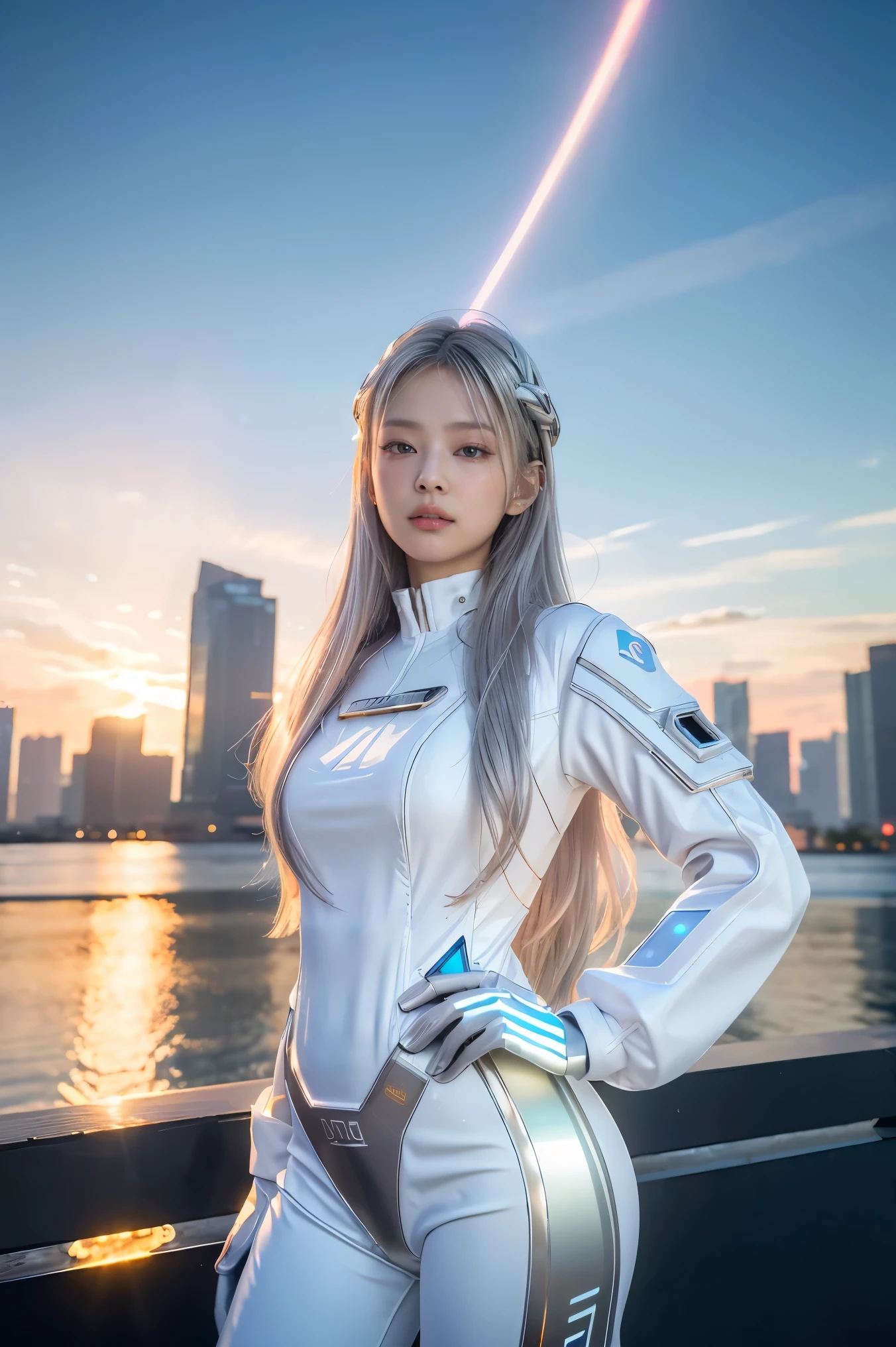 ((masterpiece, best quality, extremely detailed), volumetric lighting, ambient occlusion, colorful, glowing), 1girl, solo, young girl, (silver hair), long hair, halo, aura, sacred, goddess, cyber suit, (white outfit:1.3), outdoors, sunset, sky, clouds, space, (cyberpunk theme:1.2),