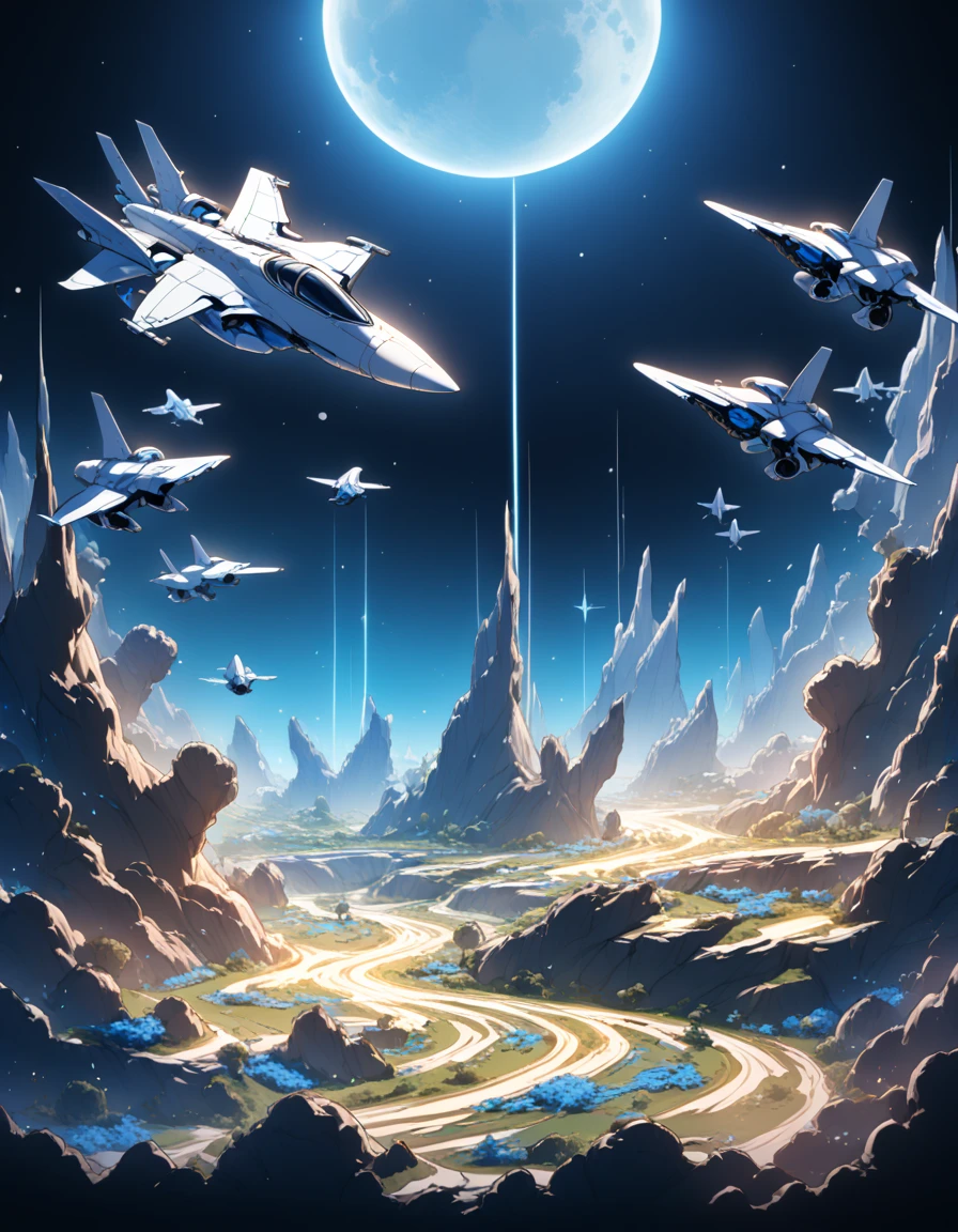 Detailed 8k cute space war jet theme sapphire cyan cerulean blue with moon background