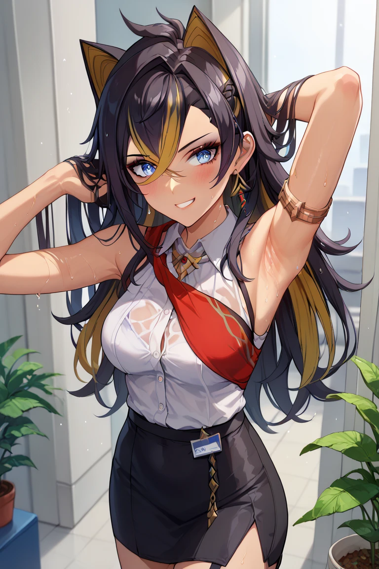 score_9, score_8_up, score_7_up, dehya-dh, 1girl, animal ears, black hair, blonde h air, blue eyes, crossed bangs, dark-skinned femal e, hair between eyes, jewelry, long hair, multicolored hair, streaked hair, white collared shirt, sleeveless, black skirt, white high heels, nametag in the neck, office lady, office background, sweat all over body and clothes, smirking, close mouth, blush, hands up, soaked armpit, armpit glimpse