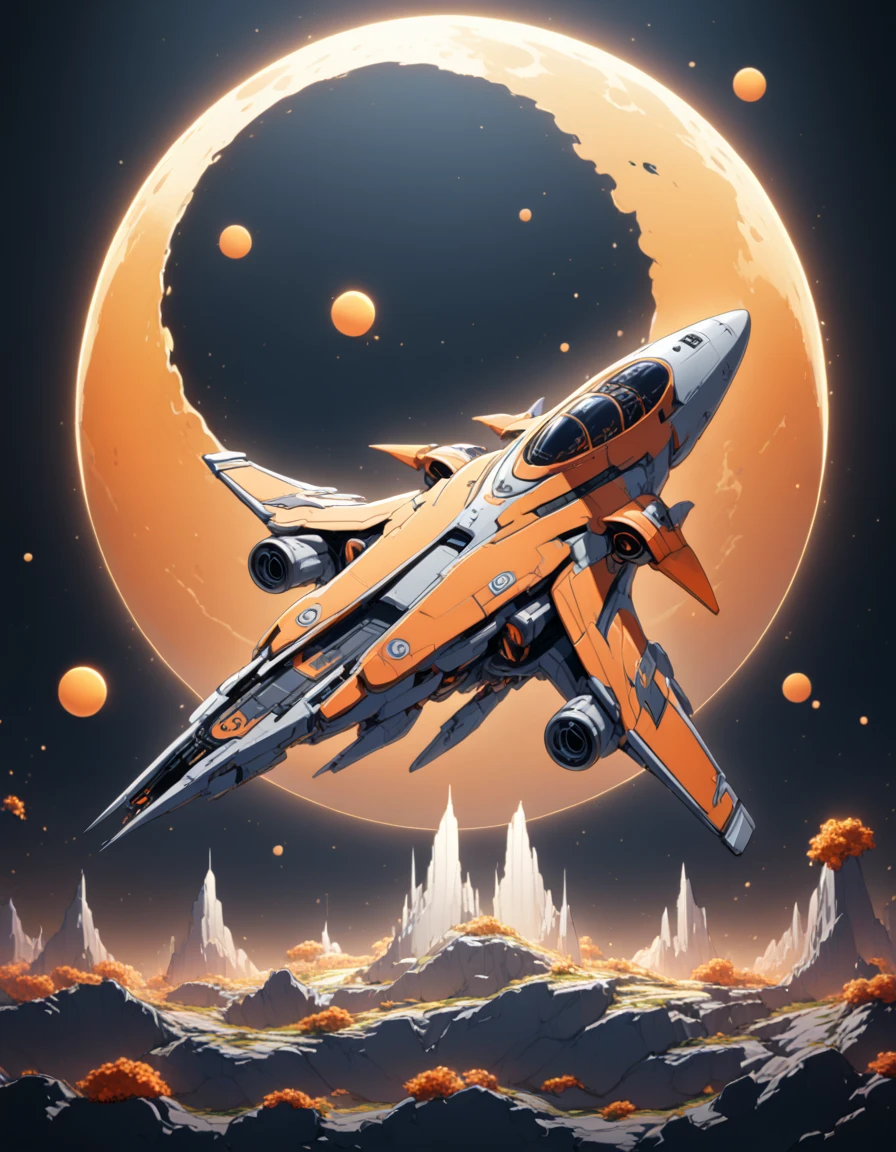 Detailed 8k cute orange space warjet theme with moon background