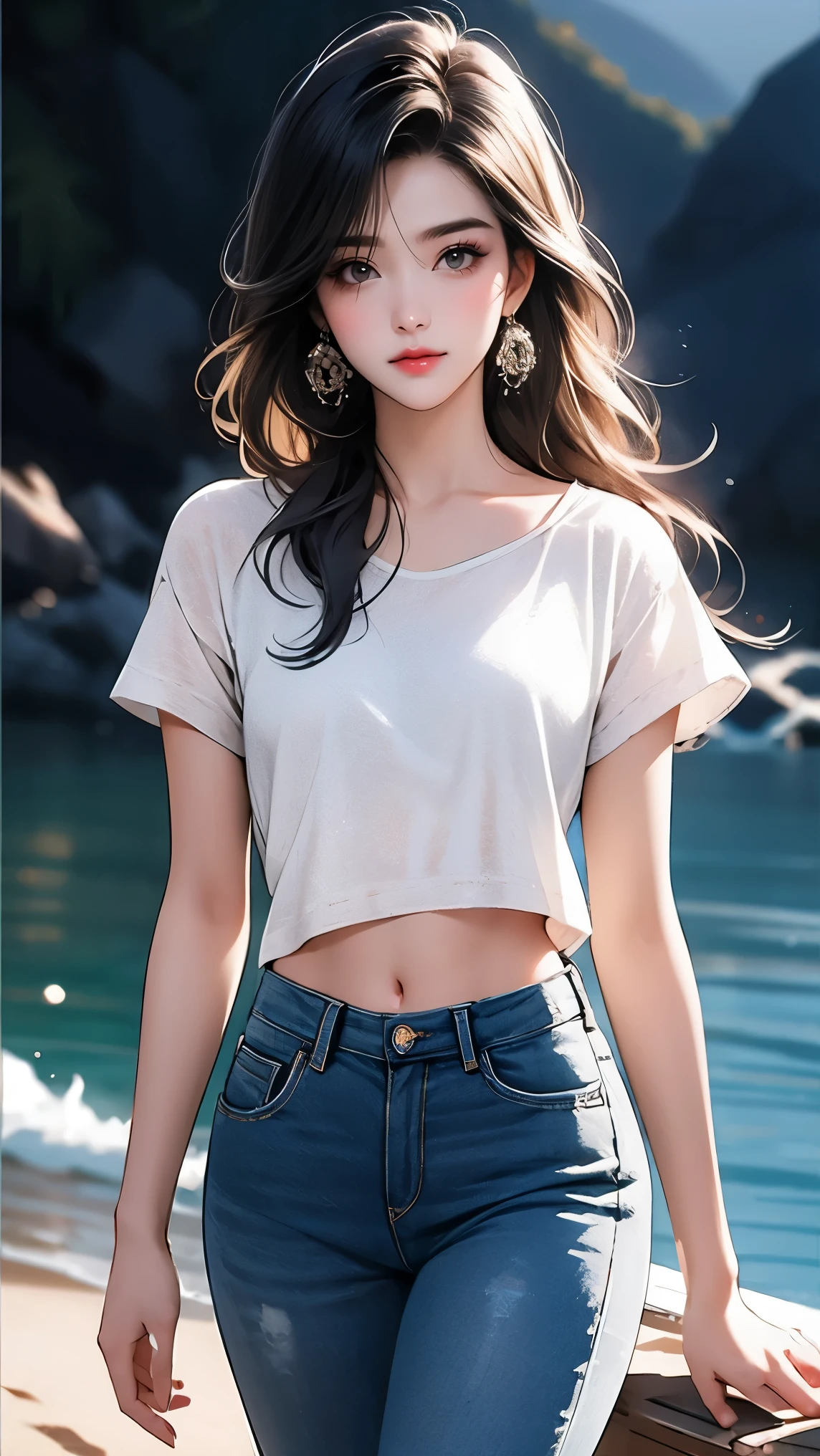(( Best Quality , 8K, masterpiece: 1.3)), 1 girl, whole body, [Thin face, pretty Woman, (Black Hair), Super fine face , meticulous eyes , Double eyelids, blurry background , [Thin face, seaside, external, beach,(最 high quality, 8K, masterpiece: 1.3, Ultra HD,Navel Tshirt , jeans,super beautiful dress, background blur,Background illusion,Standing, high quality, 最 high quality, high-resolution , realism )) 、2 White women、Black Hair、 blue eyes 、 long hair、Smile 1.2、slim、 Don't Want My Head Off The Screen., Asymmetric Hairstyle(( asymmetrical hair )、Crystal Earrings((Crystal Earrings))、Gradient Hairstyle(( gradient hair))