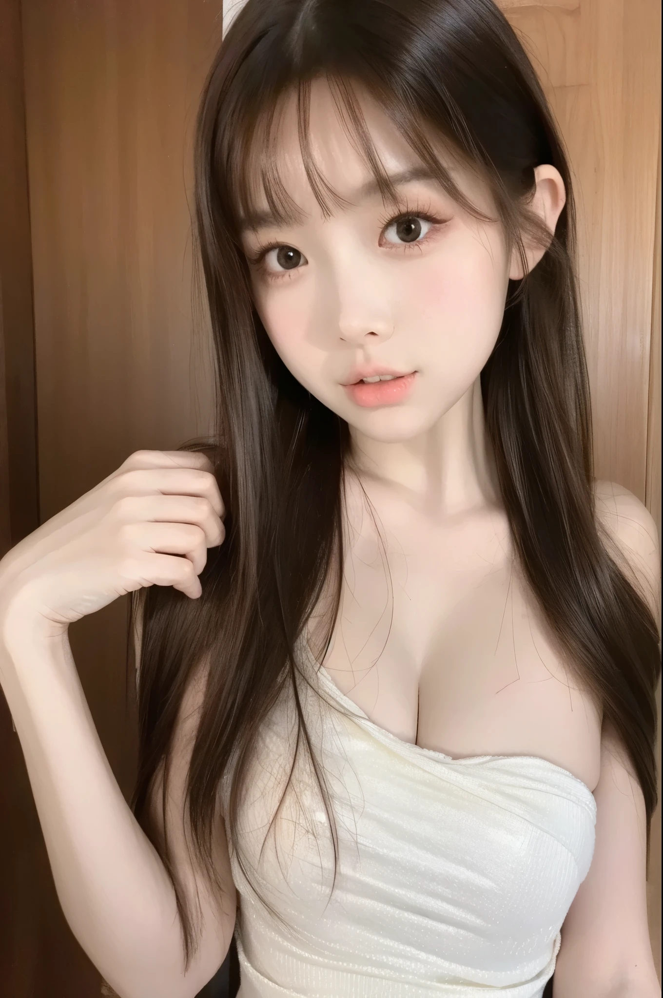  beautiful woman with perfect body：1.4，Layered Hairstyle， on facial and skin texture with high accuracy，Skin Whitening， long hair，Sexy