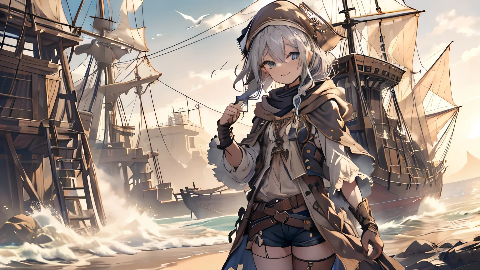 masterpiece,  1 girl,  sparrow ,  Silver Haired Girl, Wearing white medieval pirate clothing,  curly medium hair ,  messy hair,  slender body ,  I'm wearing a brown capelet and a hood,  I'm wearing a golden capelet and hood with my left eye closed , Shirt ornament ,  Aqua Eyes,  shows her back ,  ,  Black Vest , baby face,    hair with braids, Pirate Bandana,  Long Sleeve ,  beautiful eyes,  white stockings, Droopy eyes,  shorts,  she's 19 years old ,  seductive smile ,  Beach 