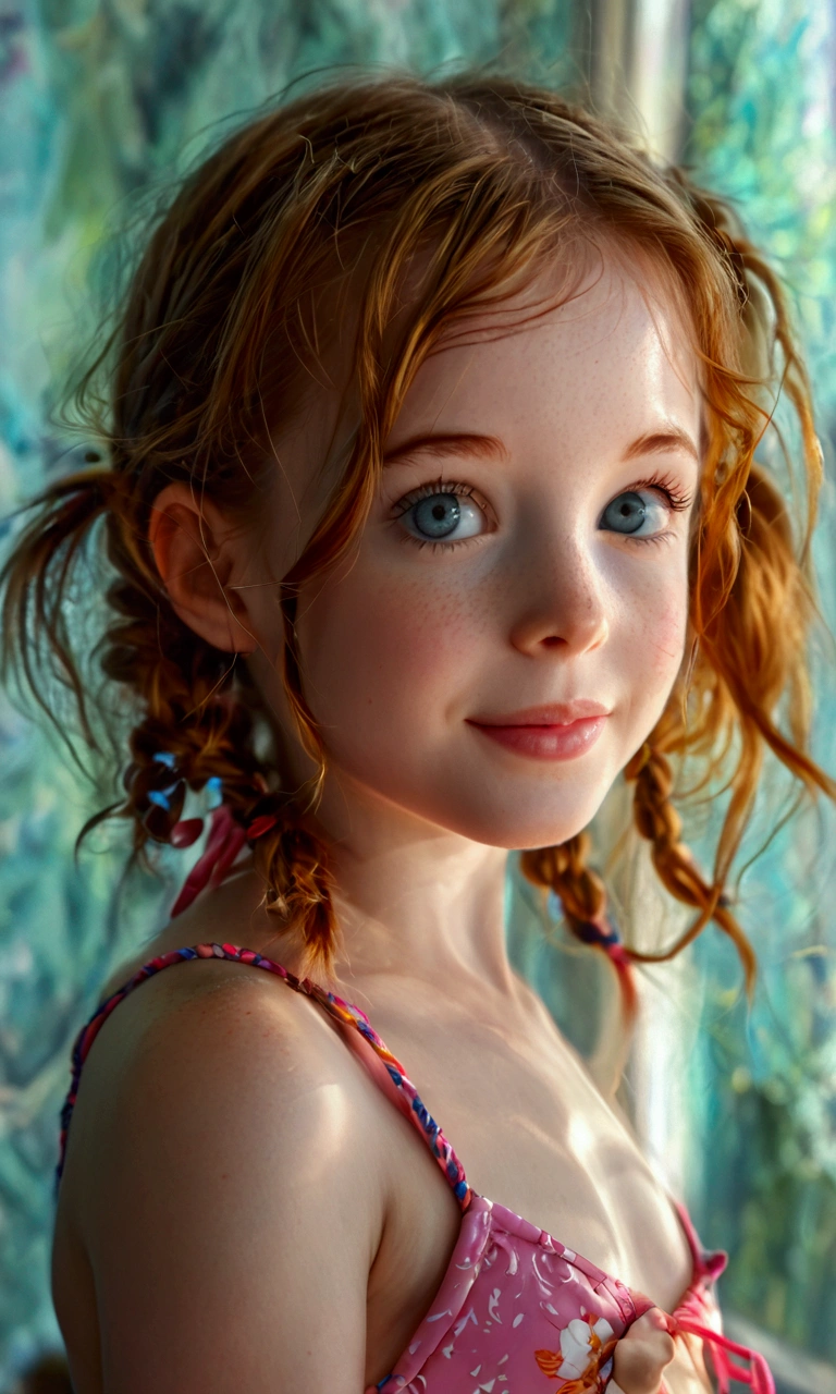 8k portrait of beautiful , ((pale skin)), looks like McKenna Grace, intricate, elegant, highly detailed, majestic, digital photography, six-pack abs, pigtails, tiny bikini bottoms, smiling, (masterpiece, sidelighting, finely detailed beautiful eyes: 1.2), hdr,