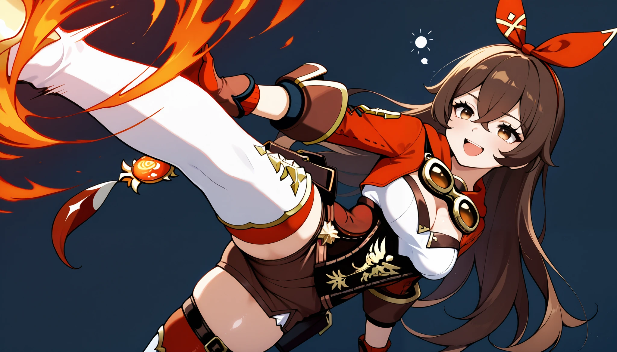 masterpiece, best quality, 32k, high resolution, absurdres, medium breasts, (curvy), cute, eyelashes, vivid colors, shiny hair, shiny skin,
simple background, fire enveloping, fire aura, neolight, foreshortening, dutch angle, dynamic pose, sleepy eyes, laughing, from side, crotch kick, groin kick, testicles, femdom,
zzAmber, amber (genshin impact), solo, long hair, bangs, brown hair, ribbon, hair between eyes, brown eyes, hair ribbon, sidelocks, hairband, thighhighs, gloves, long sleeves, cleavage, shorts, white gloves, goggles, goggles around neck,