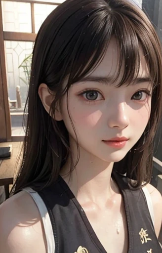 blush a little and smile, (Top quality masterpiece:1.2) Delicate illustrations, Very detailed, /Beautiful Japanese Women、1 person,Very cute and slim、Great style 、((8K images、super high quality))、Very delicate face, Skin and Hair、beautifule forehead、Red lipstick、(((((Mid-length hair、Silver Hair))))),Very cute Japanese cut face、Eyes and nose are clearly visible、Kind eyes,((((Sleeveless fashion))))