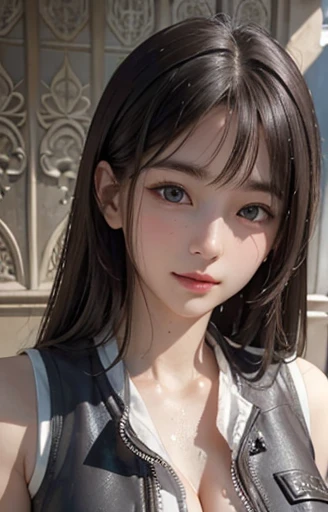 blush a little and smile, (Top quality masterpiece:1.2) Delicate illustrations, Very detailed, /Beautiful Japanese Women、1 person,Very cute and slim、Great style 、((8K images、super high quality))、Very delicate face, Skin and Hair、beautifule forehead、Red lipstick、(((((Mid-length hair、Brown Hair))))),Very cute Japanese cut face、Eyes and nose are clearly visible、Kind eyes,((((Sleeveless fashion))))