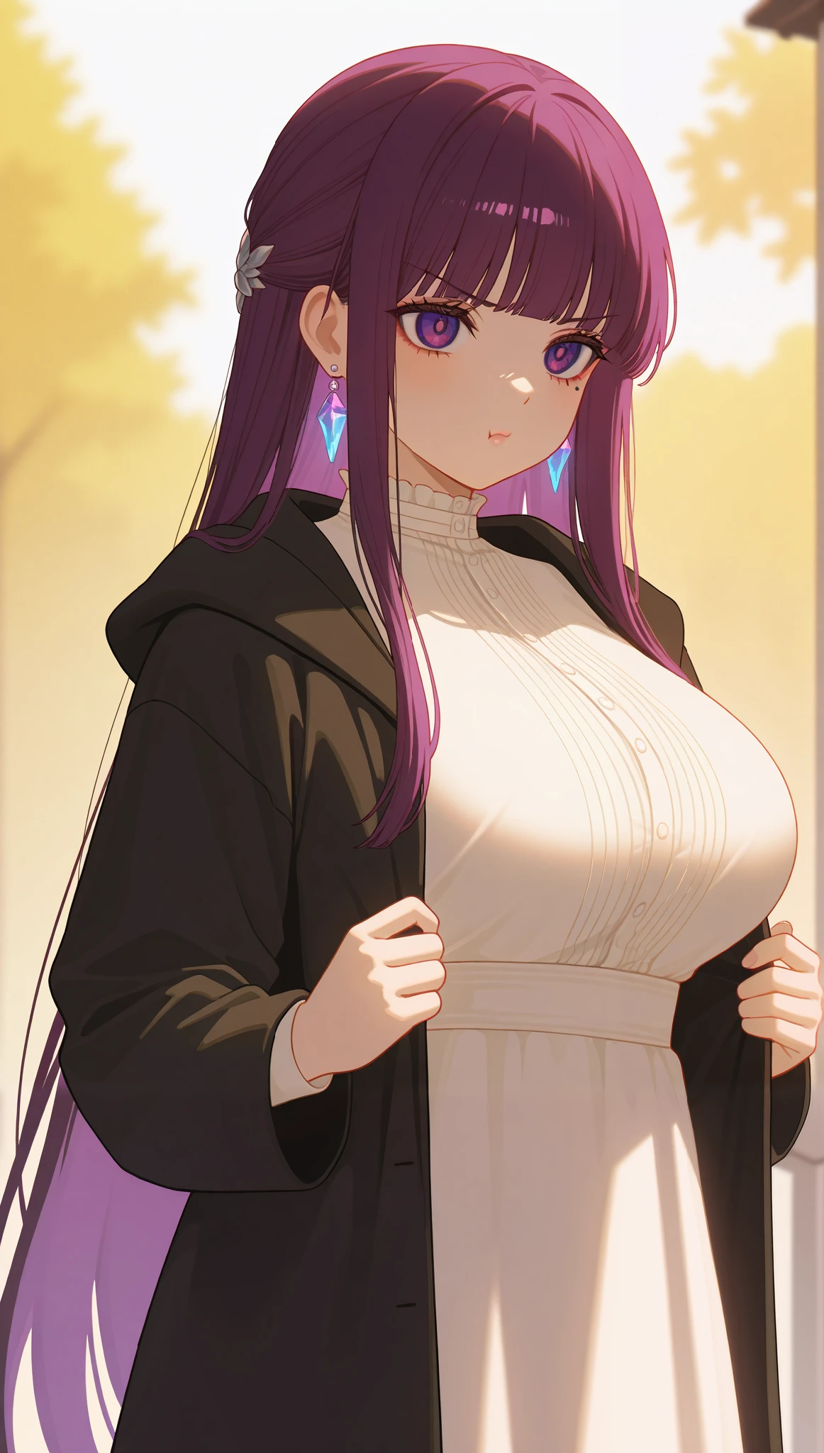 (masterpiece), (portrait), big breasts (aesthetics), ((1 female 21 years old)), Highlight earrings), ((long hair)), ((Hot crystal purple hair)), ((Fern)) straight hair, thin eyes open, cold look, purple eyes, cute, naughty, angry, pout, lane, woman, feminine, beautiful, female features, top, high quality, aesthetic clothing, professional angle, (rule of thirds), (feminine), , (beautiful) , (female), solo, (Korean attractive), summer, (ink haze), (afternoon), (vibrant light), seductive posture, ((face looking forward))), Fern, long black coat, long sleeves, long white dress, long sleeves, sensual ((Energy)), (Bold Makeup), (Big Breasts), Fair Skin, (Clothes with Hip Hop Details), (a hot Fern, sculptural body, sexy pose), (Sleep Neckline), Beautiful Hands, Body beautiful, beautiful ears, beautiful eyes, bright eyes, beautiful mouth, beautiful lips, medieval town, quiet town