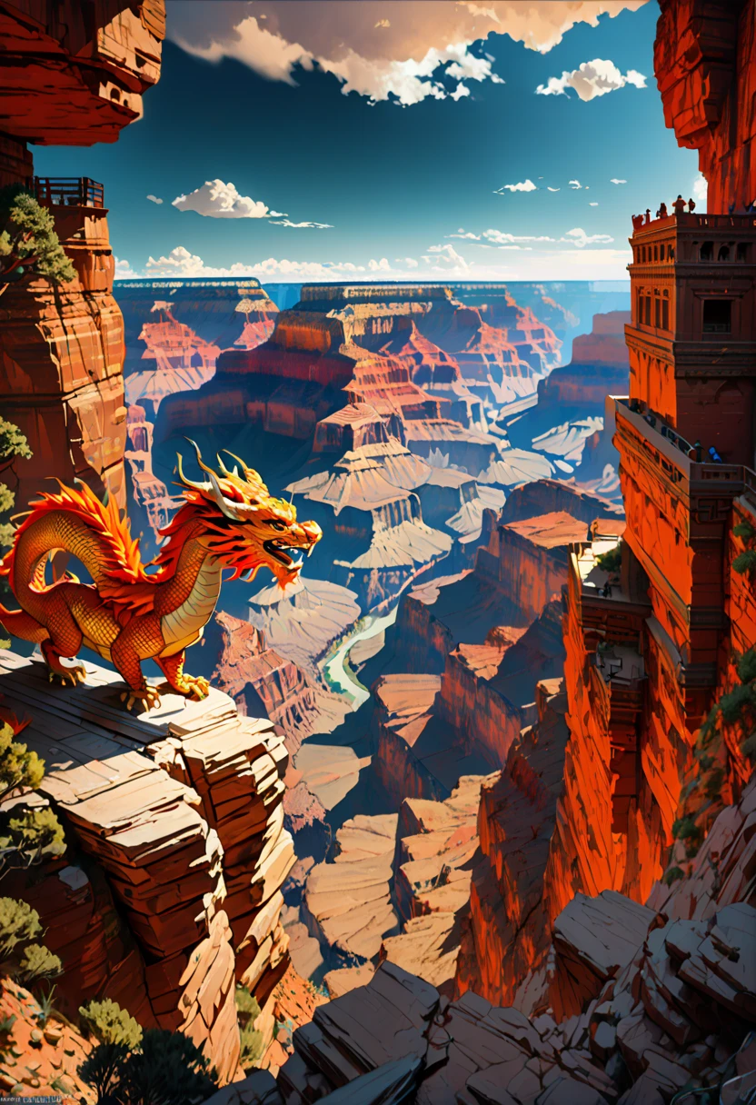 (The main subject: wide wide shot), The flame  orange, [Multicolored,(Chinese dragon anthropomorphism)], safe,dramatic clouds,(Go deep into the grand canyon), Rich details​, (Wide sky), (sense of vastness),Energy and vitality, Complicated details.(Best quality, A high resolution, tmasterpiece:1.2), (actual:1.37), HighDynamicRange。