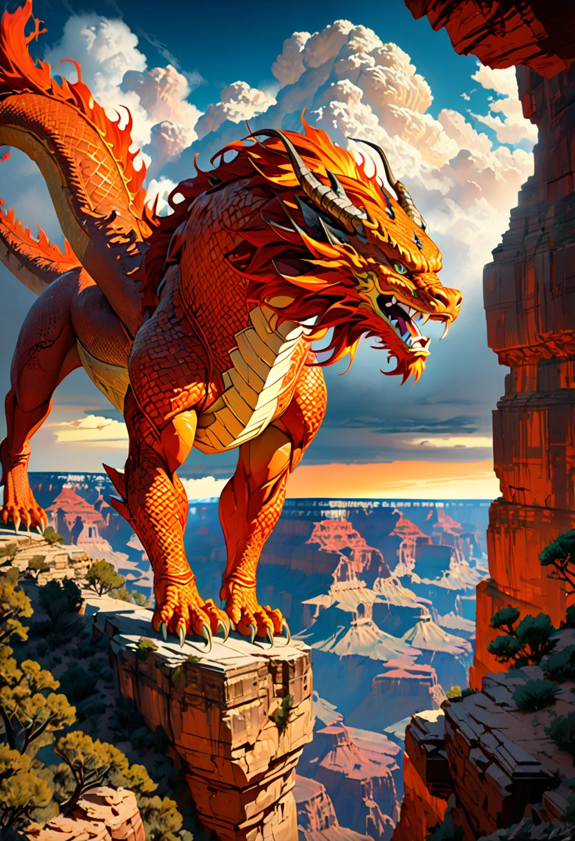 (The main subject: wide wide shot), The flame  orange, [Multicolored,(Chinese dragon anthropomorphism)], safe,dramatic clouds,(Go deep into the grand canyon), Rich details​, (Wide sky), (sense of vastness),Energy and vitality, Complicated details.(Best quality, A high resolution, tmasterpiece:1.2), (actual:1.37), HighDynamicRange。