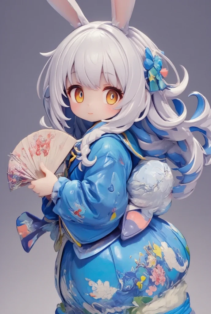 a 3D rendering of a figurine, 1girl, (furry girl, anthro rabbit:1.5), cute, animal nose, obi, long hair, blue hair, yellow eyes, braid, open mouth, ahoge, multicolored hair, blush, hair between eyes, streaked hair, colored tips, breasts, :d, hair flower, half updo, looking back, japanese clothes, japanese yukata, hair ornament, yukata, floral print, sash, looking at viewer, flower, solo, holding, upper body, from side, print kimono, smile, blue kimono, paper fan, holding fan, heart, uchiwa