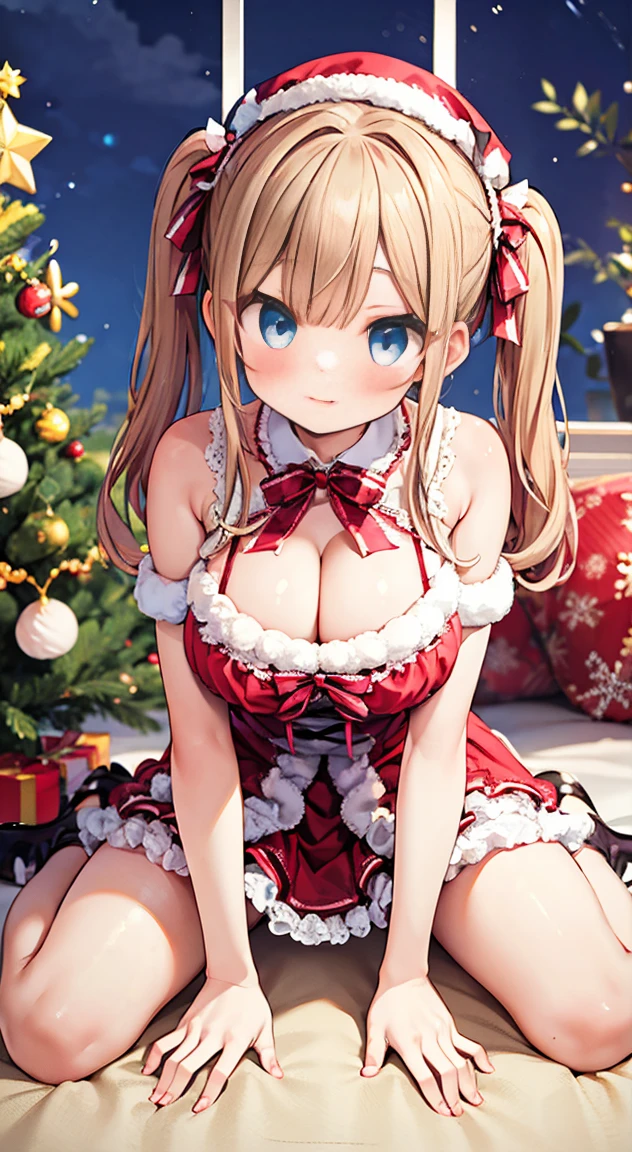 incoming kiss,face waiting for kiss,Young girl wearing Lolita santa cosplay, frog-sit on the floor,On the bed,gold pink twintailshair,Cute eyes,focus on cleavage,,Large Breasts,Perfect hands,Perfect legs,Christmasroom,nighttime,NSFW,