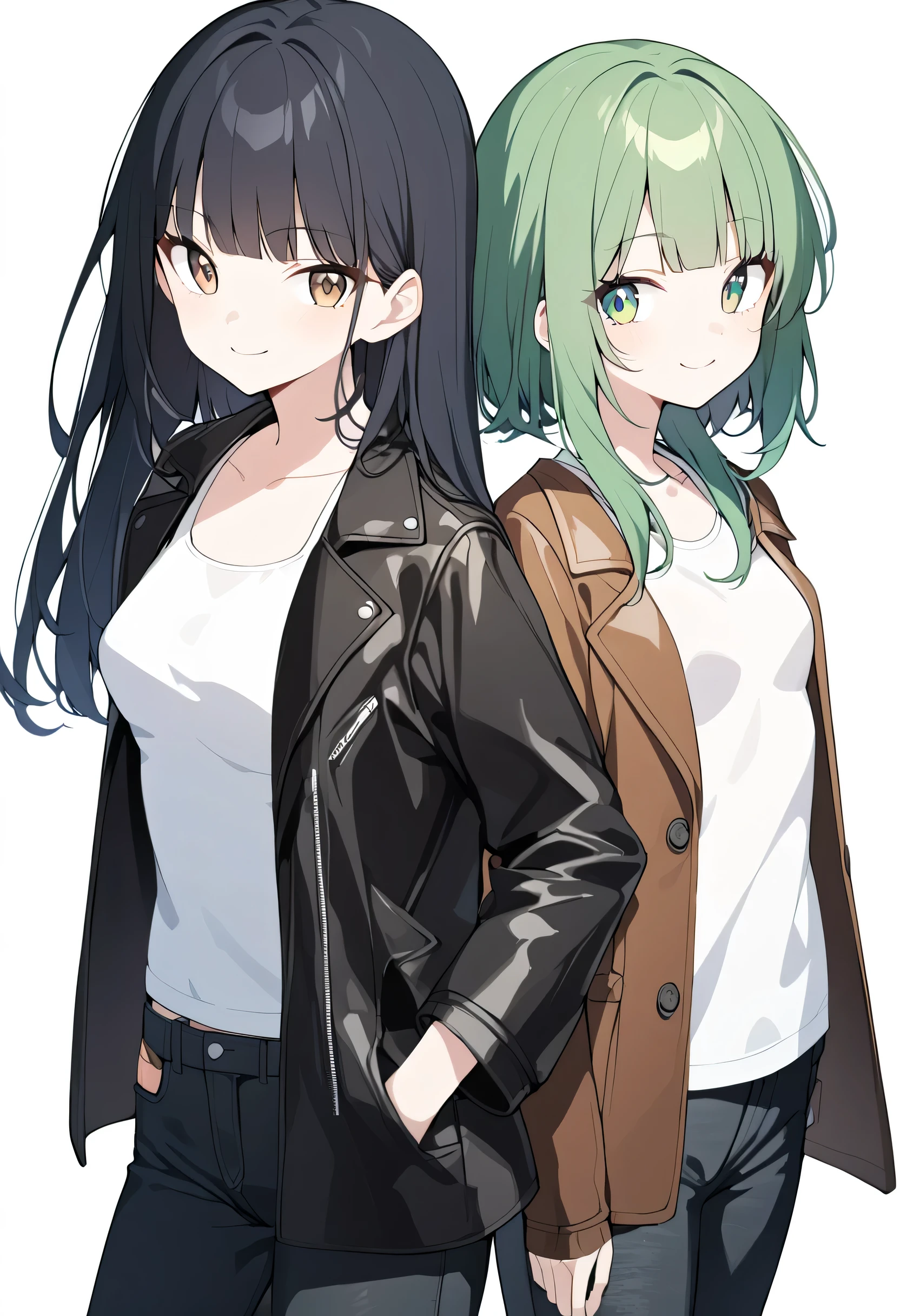 (( 2 women )),Couple shot,{1( black hair long hair ,Brown Eyes, with bangs, white tank top, cardigan ,Taiwanese)},,,,,,,{2( green hair short hair , green eyes,Super small breasts,leather coat ,black long denim pants, Japanese)}, empty background,White background, looking at camera,smile