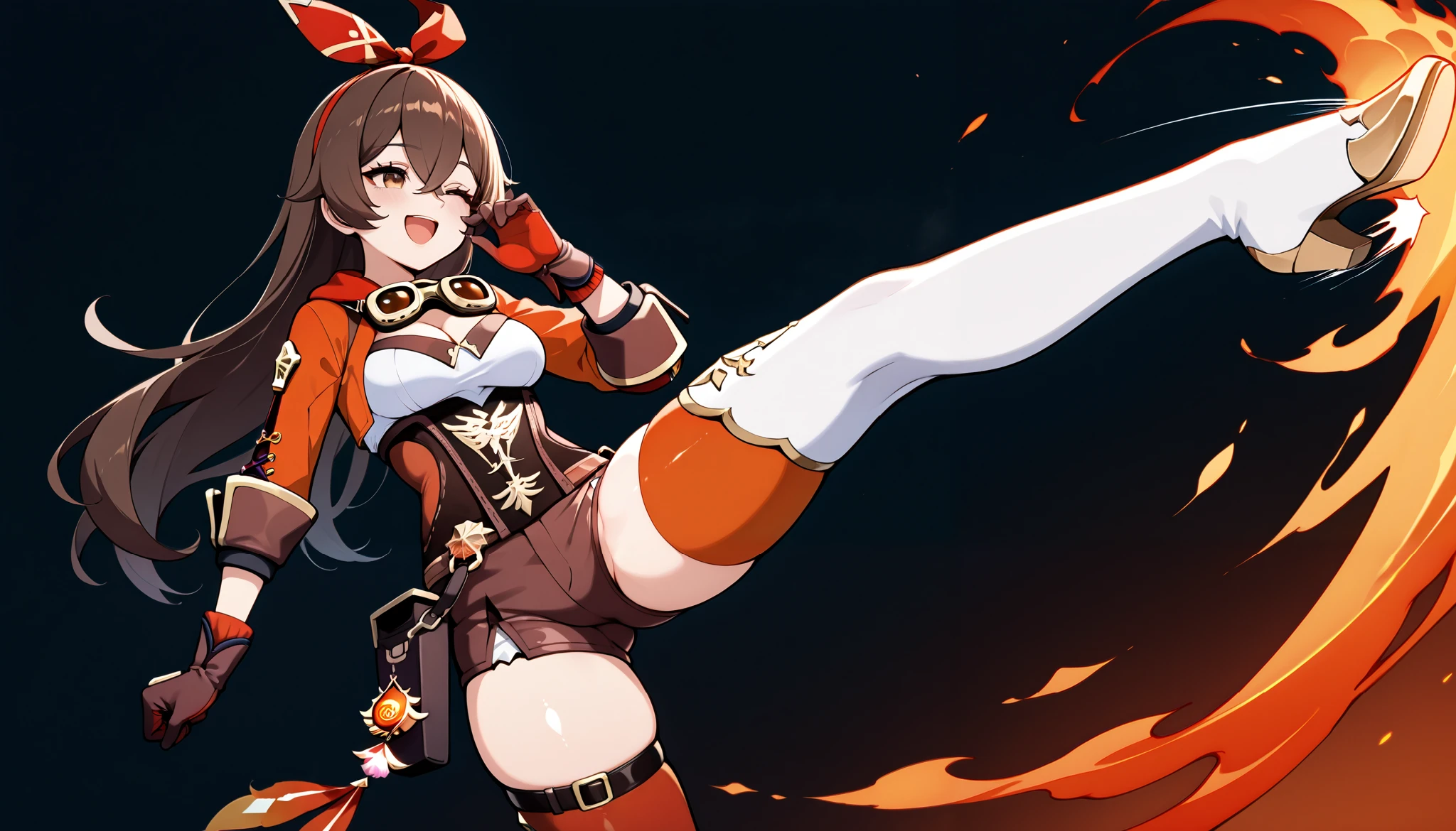 masterpiece, best quality, 32k, high resolution, absurdres, medium breasts, (curvy), cute, eyelashes, vivid colors, shiny hair, shiny skin,
simple background, fire enveloping, fire aura, neolight, foreshortening, dutch angle, dynamic pose, sleepy eyes, laughing, from side, crotch kick, groin kick, testicles, femdom,
zzAmber, amber (genshin impact), solo, long hair, bangs, brown hair, ribbon, hair between eyes, brown eyes, hair ribbon, sidelocks, hairband, thighhighs, gloves, long sleeves, cleavage, shorts, white gloves, goggles, goggles around neck,