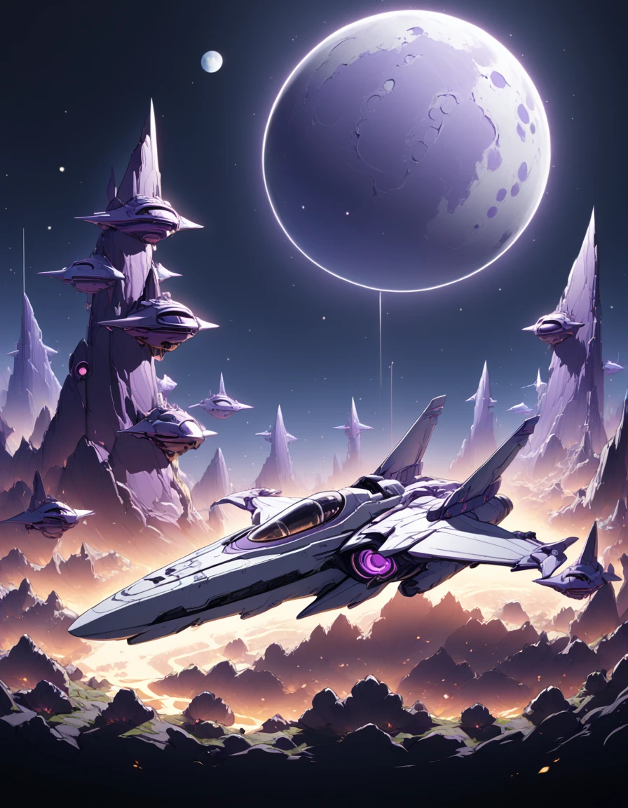 Detailed 8k cute purple space warjet theme with moon background