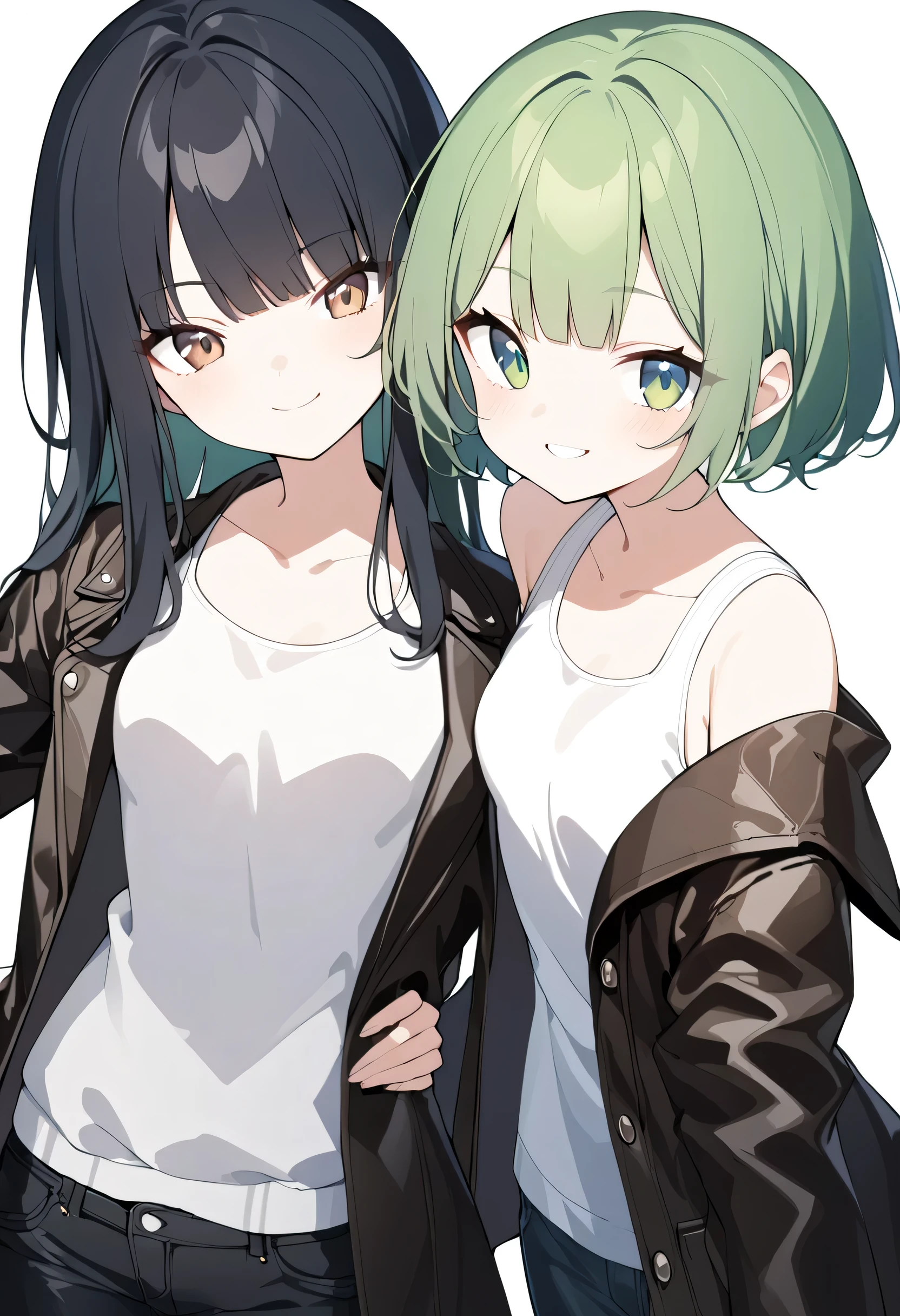 (( 2 women )),Couple shot,{1( black hair long hair ,Brown Eyes, with bangs, white tank top, cardigan ,Taiwanese)},,,,,,,{2( green hair short hair , green eyes,Super small breasts,leather coat ,black long denim pants, Japanese)}, empty background,White background, looking at camera,smile