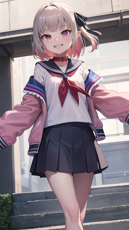 (masterpiece,  top quality ,  high res, ULTRA DETAIL, game cg), high res, ,  long hair, two side up,  hair bow, Black Ribbon, Red collar,  sailor collar,  Red Neckerchief , Sera Clothing,  white shirt,  Pink Jacket,  sleeves are longer than wrists,  bracelet , Open the clothes,  Off Shoulder,  pleated skirt to hold a puppy, ,from below,,smile, clench your teeth,,