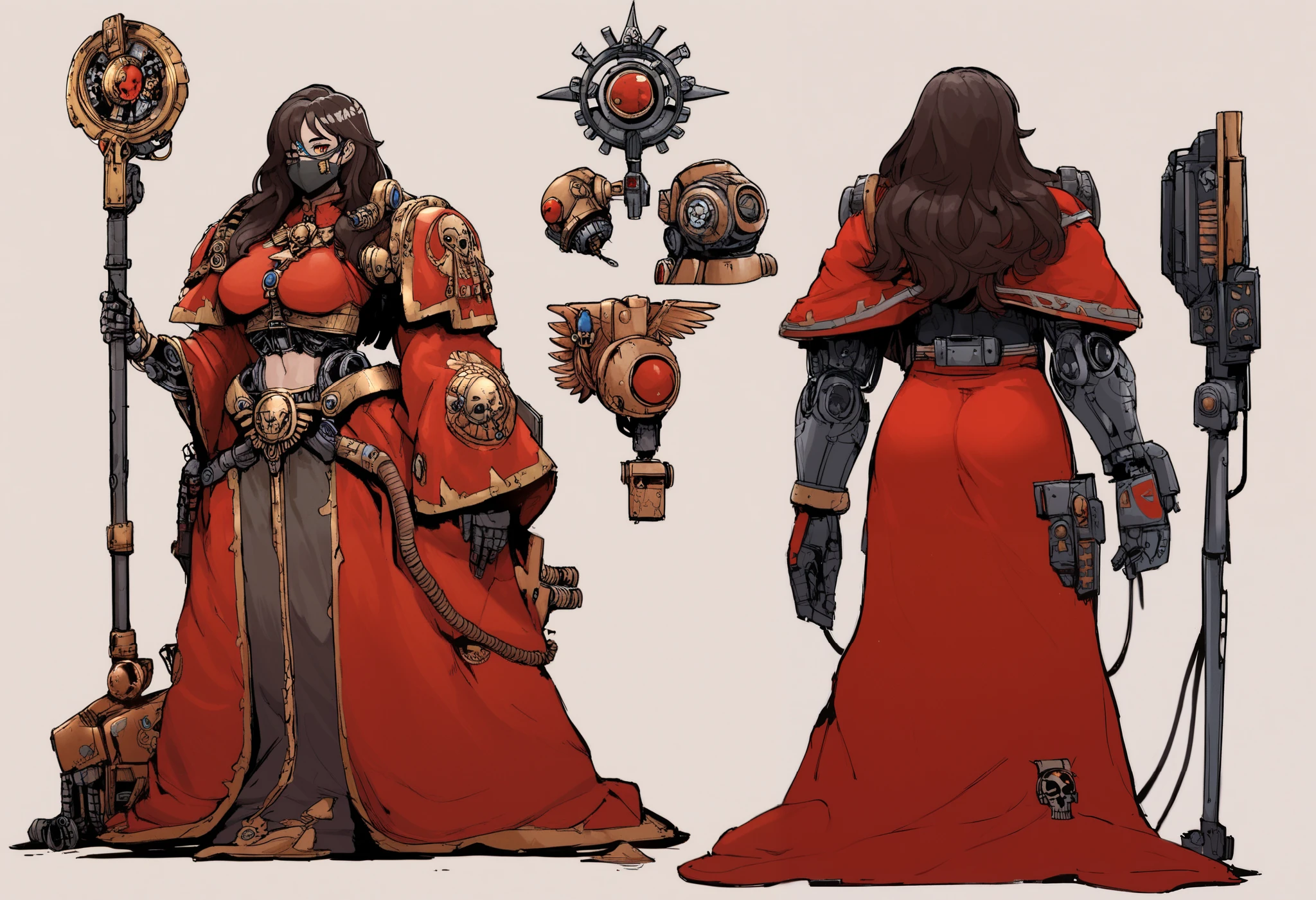 Anime, Concept art, Absurd resolution, high resolution, (masterpiece: 1.4), hyper-detail, octosoup, warhammer 40k, 1woman, admech, staff, red robe, cybernetics, long hair, brunette, cyborg, mechanical hands, boob window, midriff, face mask, tubes, wires, raggy clothes, cybernetic eye, adeptus mechanicus, red robe, tech priest, mechanical joints, referance sheet,