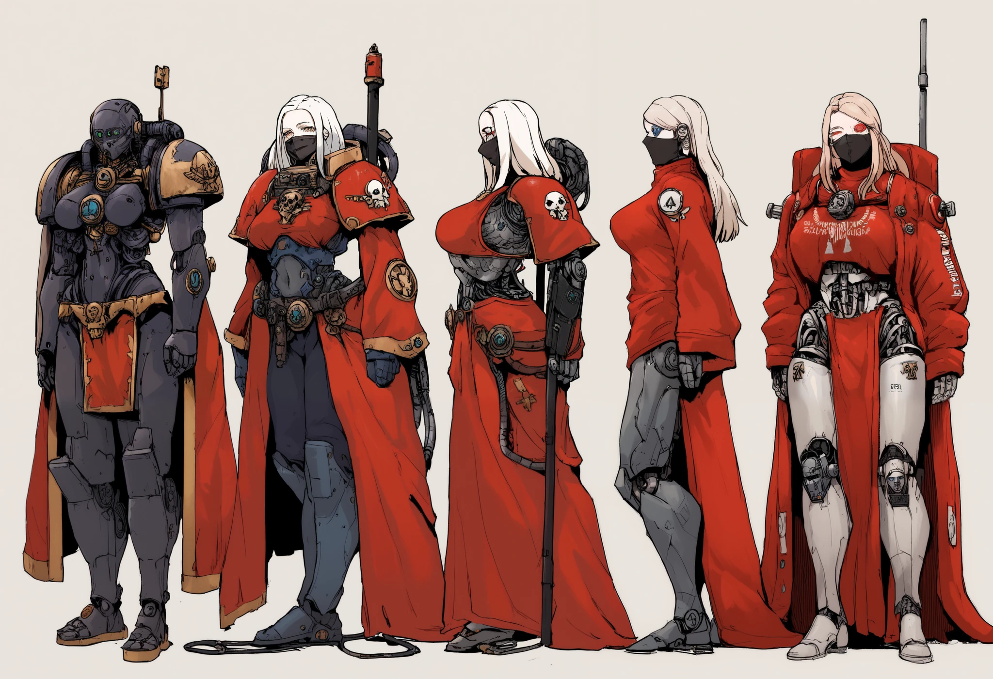 Anime, Concept art, Absurd resolution, high resolution, (masterpiece: 1.4), hyper-detail, octosoup, warhammer 40k, 1woman, admech, staff, red robe, cybernetics, long hair, albino, cyborg, mechanical hands, boob window, midriff, face mask, tubes, wires, raggy clothes, cybernetic eye, adeptus mechanicus, red robe, tech priest, mechanical joints, referance sheet, symmetrical, 