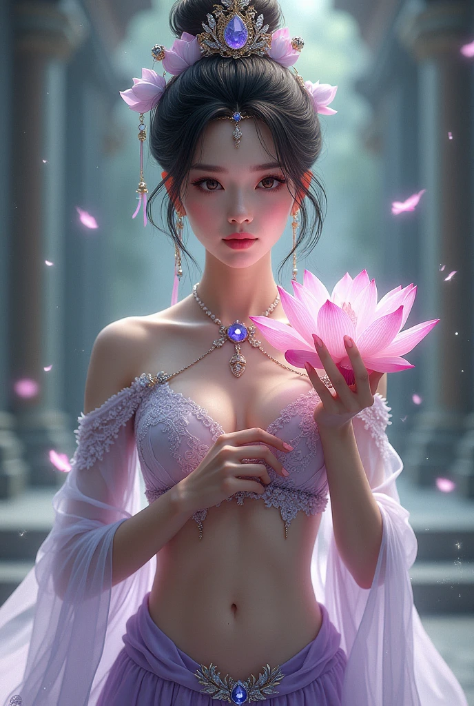 A woman of outstanding figure,Wearing a purple cheongsam,(Bathe in the bath),Transparent body,fresh flowers,jewely,Amazing work,Vitreous luster