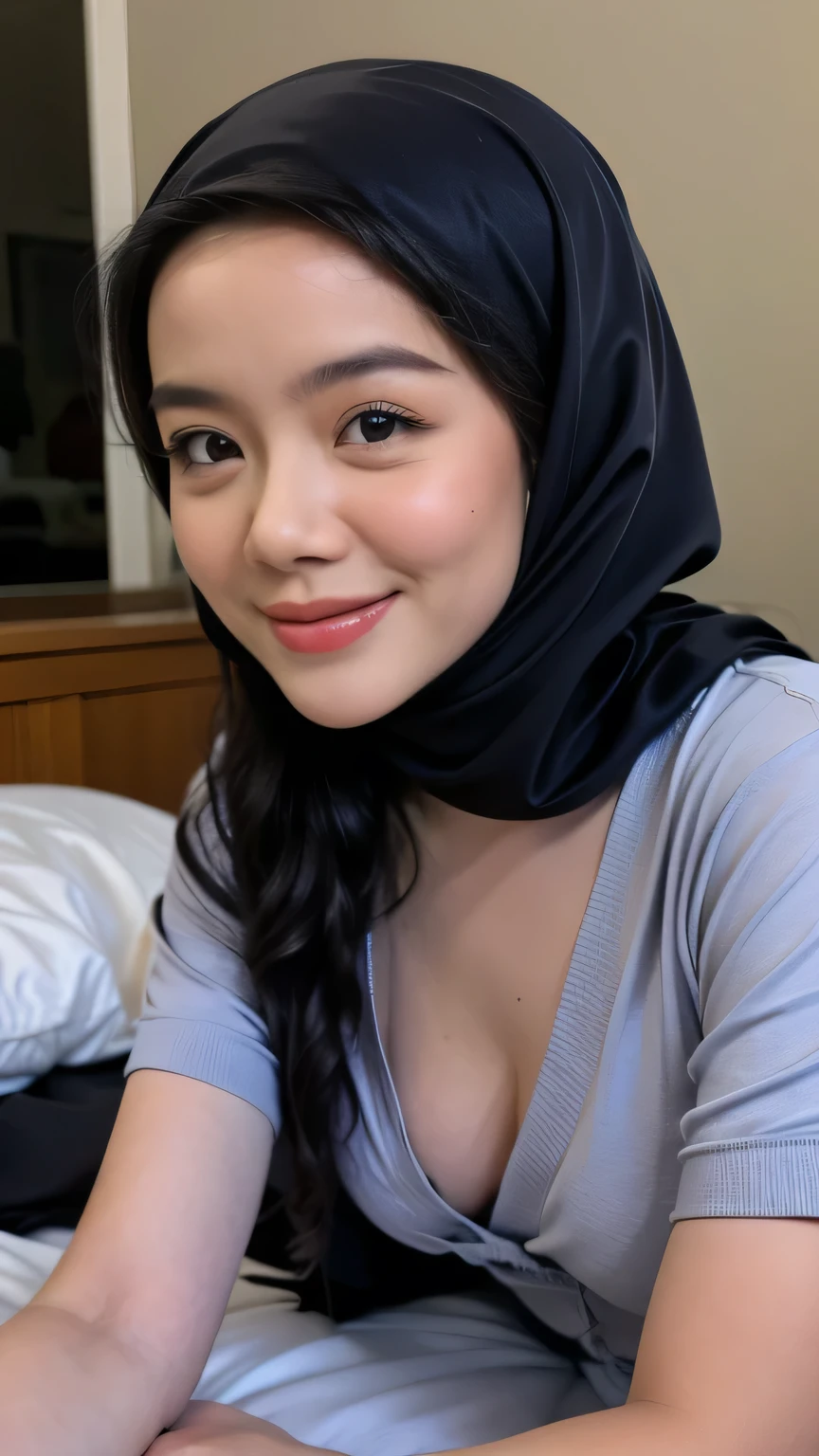 ((ung and beautiful girl:1.2)), (8k, RAW photo, top quality, masterpiece:1.2), high-definition RAW color photo, professional photo, cinematic light, (fine face:1.2), (masterpiece:1.5), (best quality:1.2), (smile:1.2), (flower tattoos:1.2), (cleavage:1.2), smile, slender and beautiful Javanese girl, beautiful big breasts, ( wearing a bathrobe:1.4), (spread legs), camel toes, no underwear, show pubic hairs detailed, (lying on bed with legs wide spread:1.4), camel toe details, cuteness, sexiness, (wearing hijab:1.5)